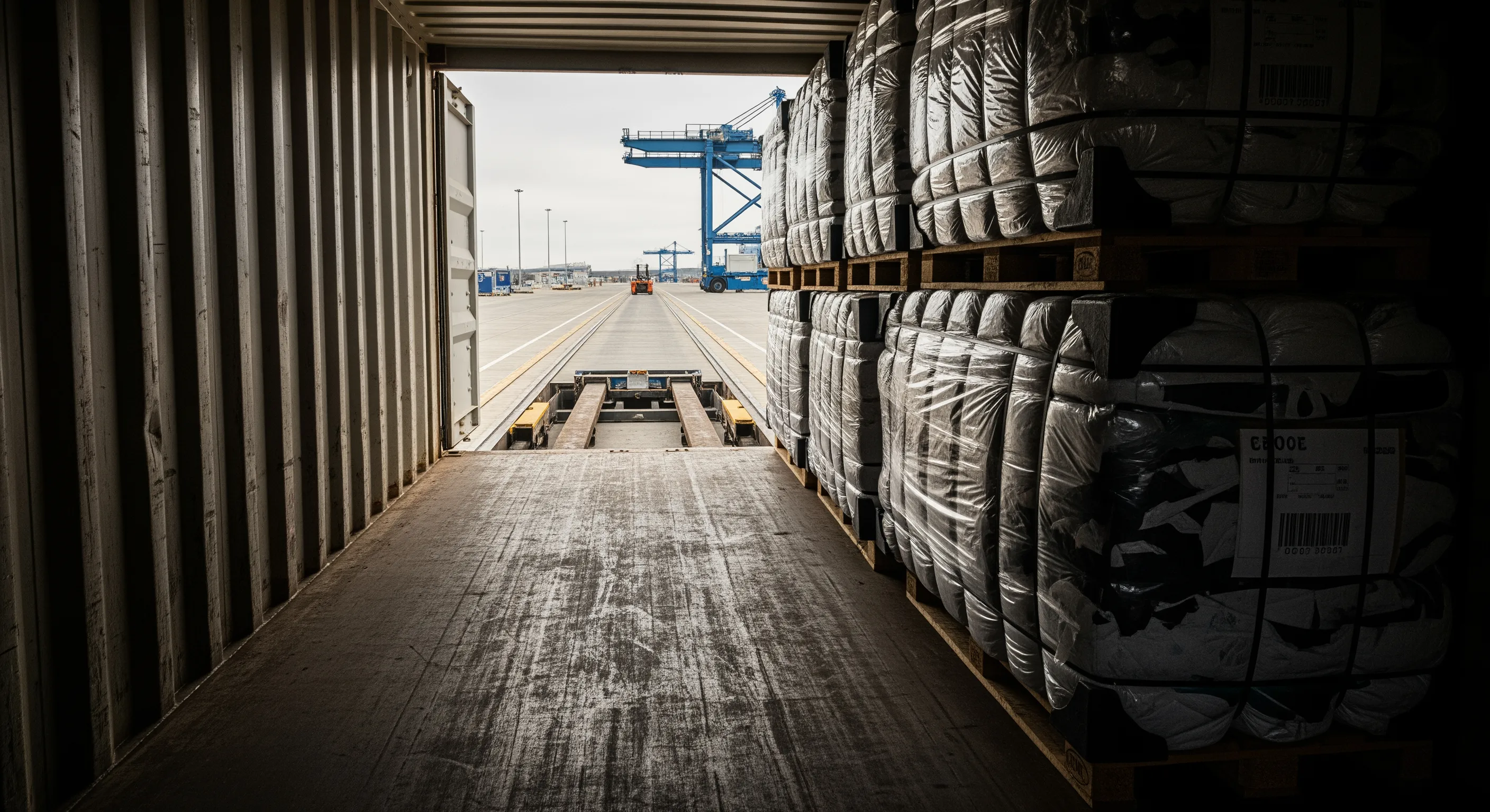 Inside shipping container looking out to dock with neatly stacked wrapped clothing bales ready for export, viewed from low angle