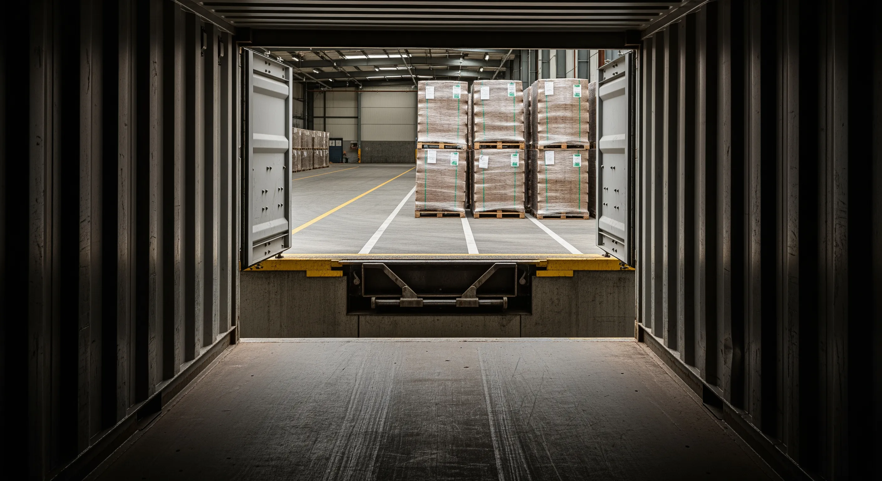 Inside export container looking out to dock with neatly arranged wrapped bales and pallet staging ready for shipment