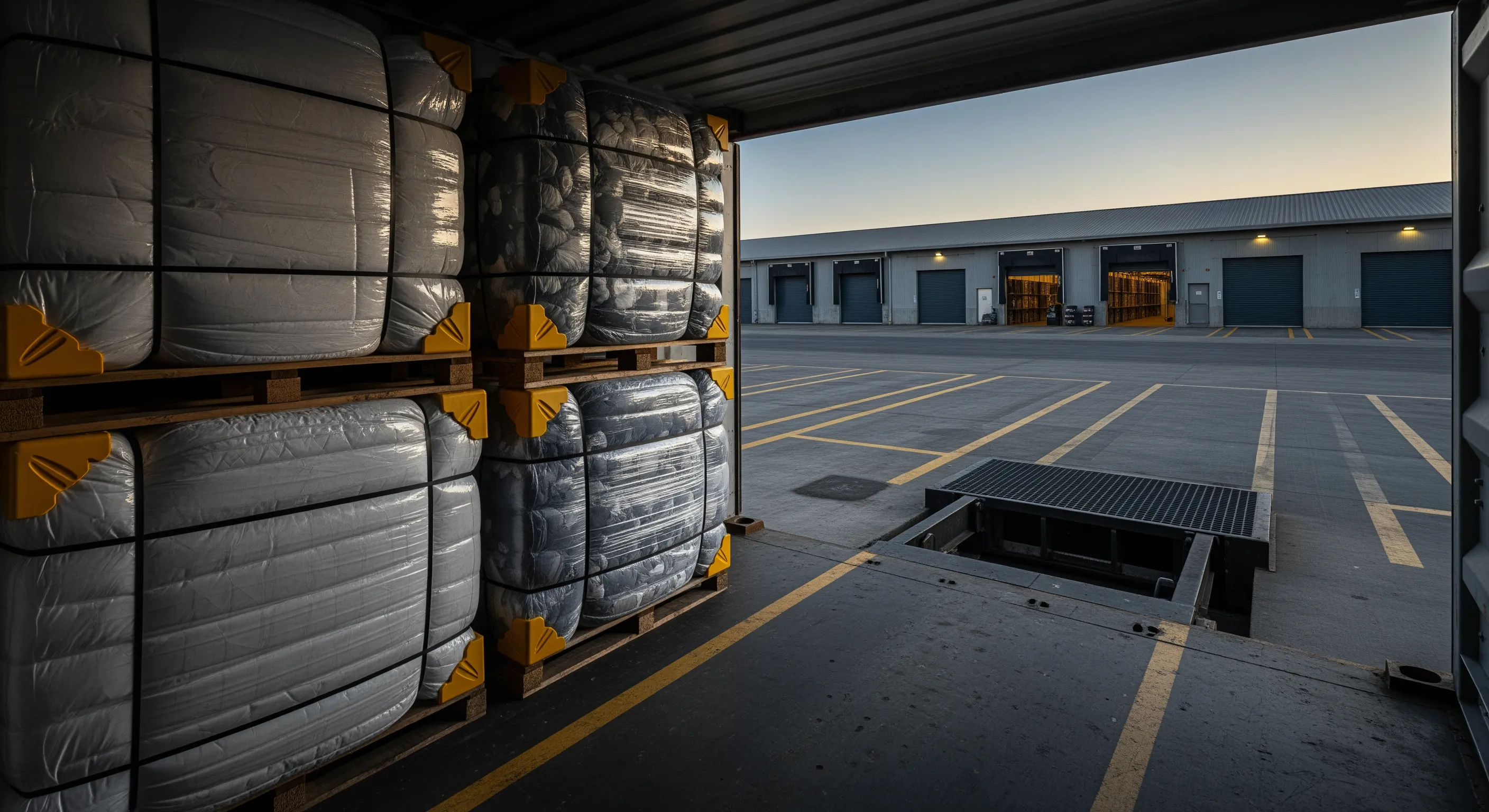 Inside shipping container looking out to loading dock with aligned wrapped clothing bales on pallets, dock leveler and roller doors visible at dusk.