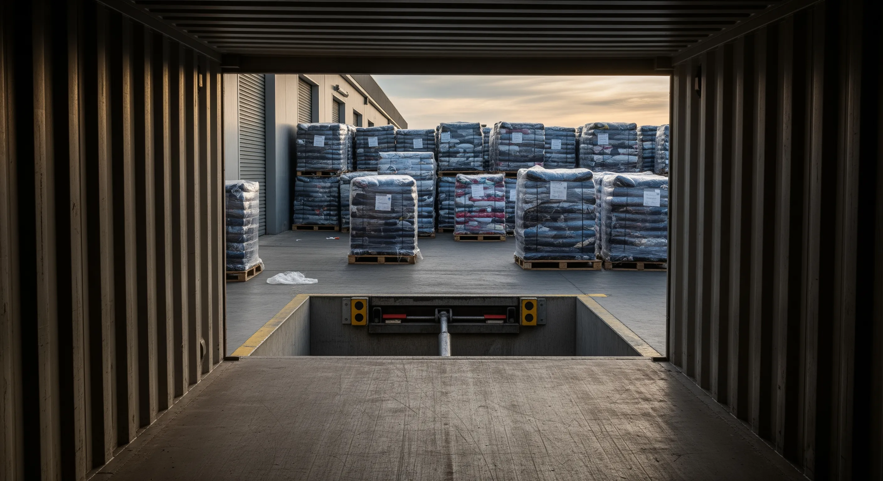 View from inside a shipping container looking out onto a loading bay with wrapped bales ready for export at dusk