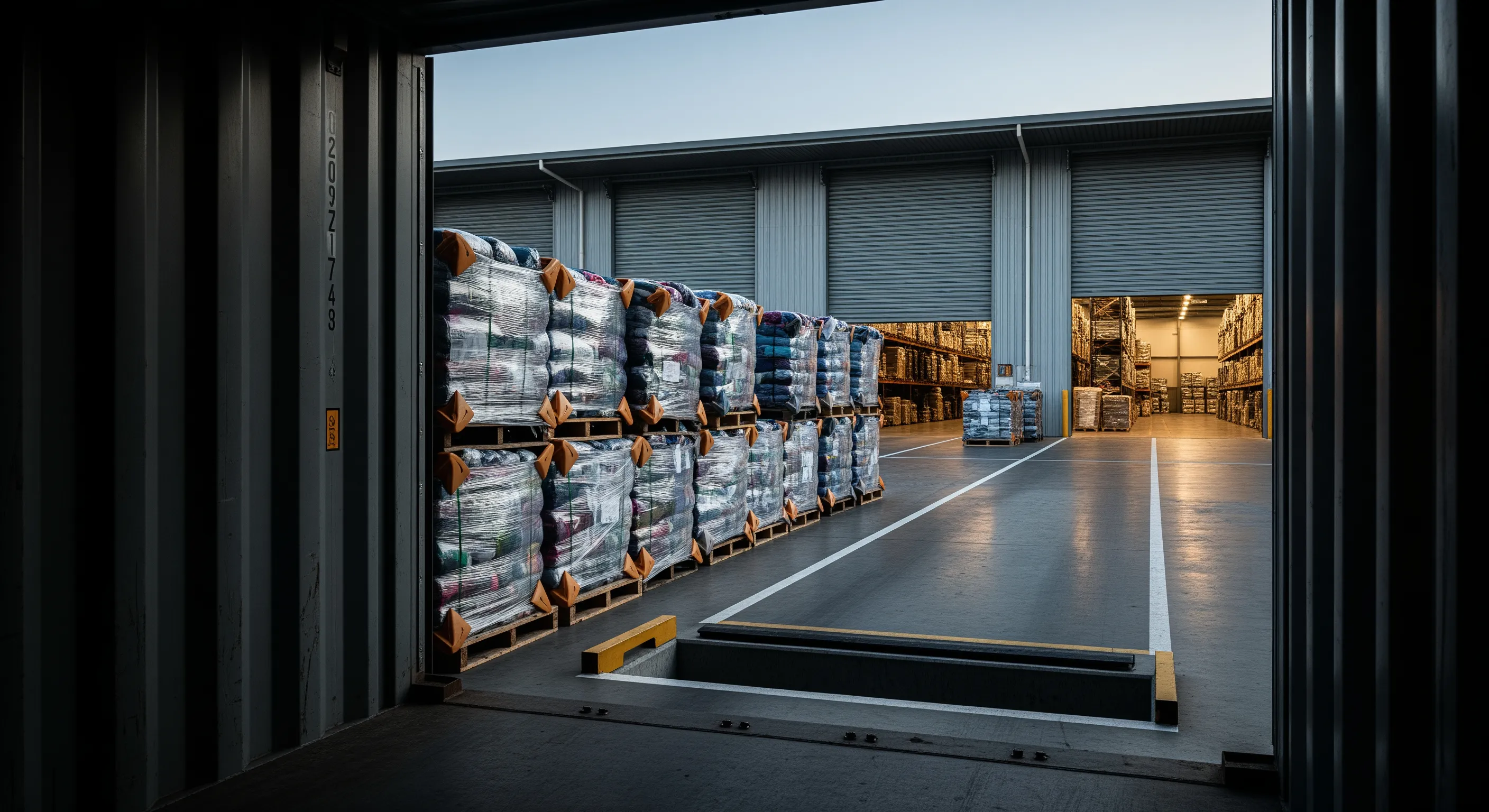 Interior perspective of a shipping container looking out to a dock with pallets of wrapped second hand clothing bales staged for export.