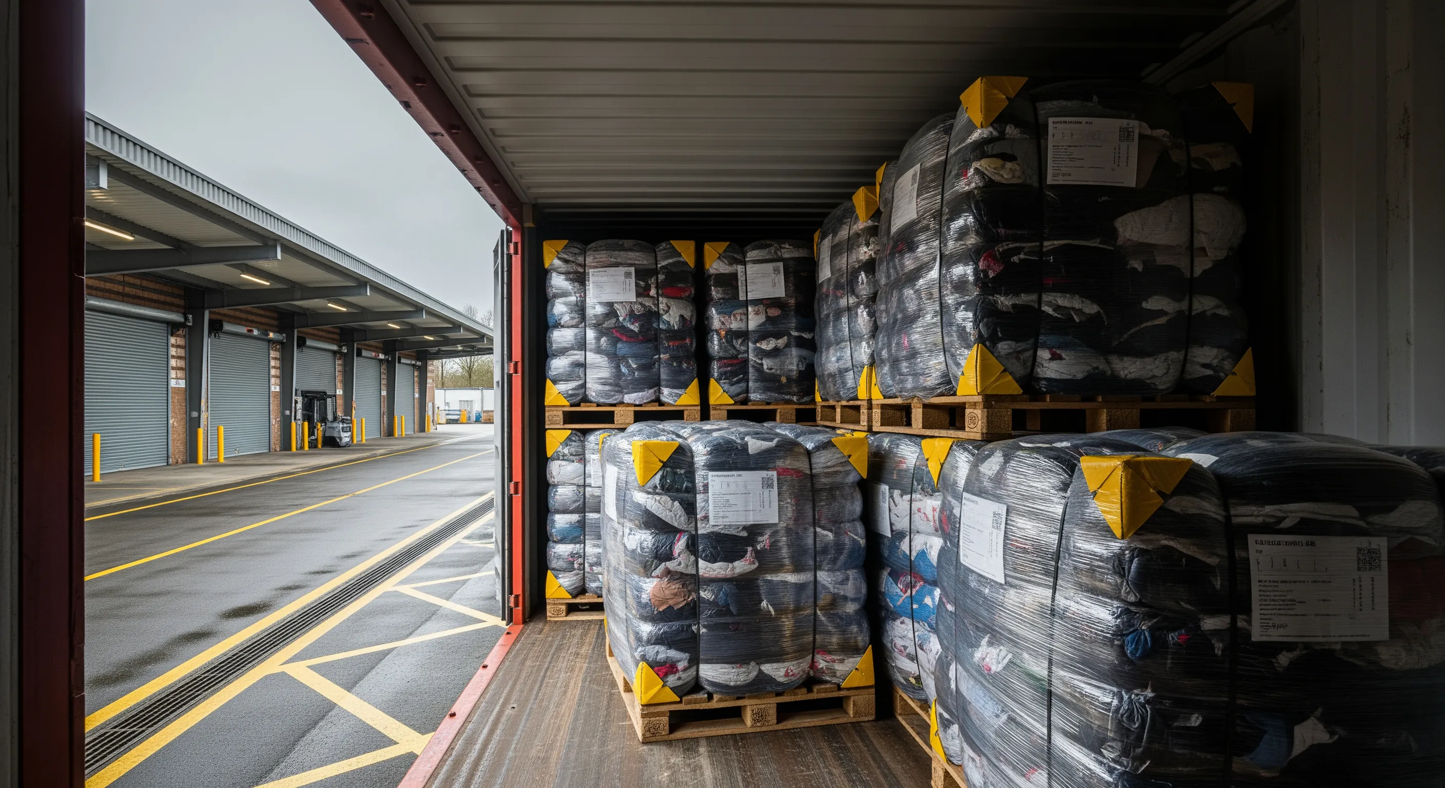Low-angle inside container view of wrapped clothing bales stacked on pallets with dock doors visible beyond in Birmingham