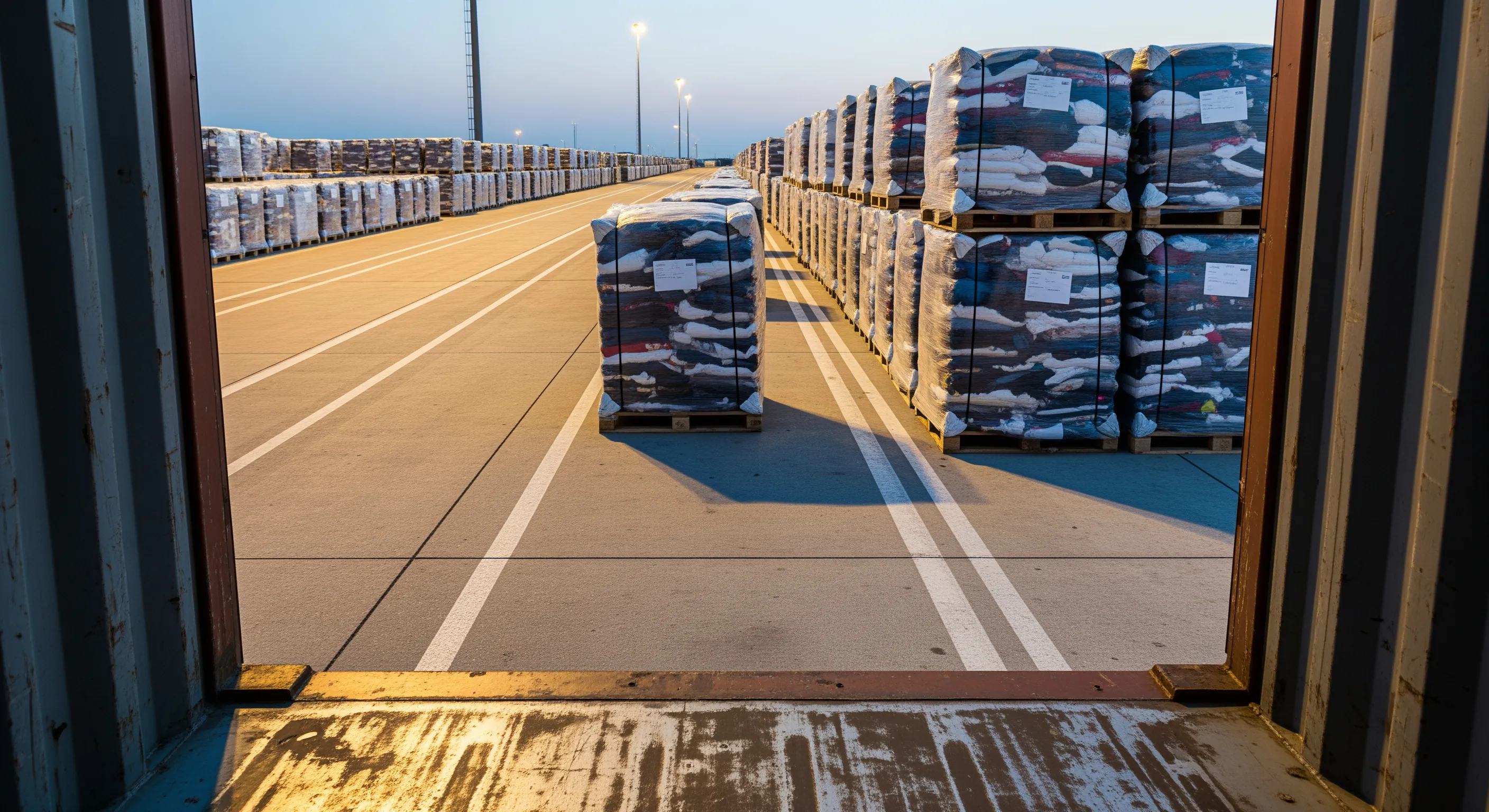 View from inside a shipping container looking out onto a loading dock with neatly stacked palletised secondhand clothing bales ready for export