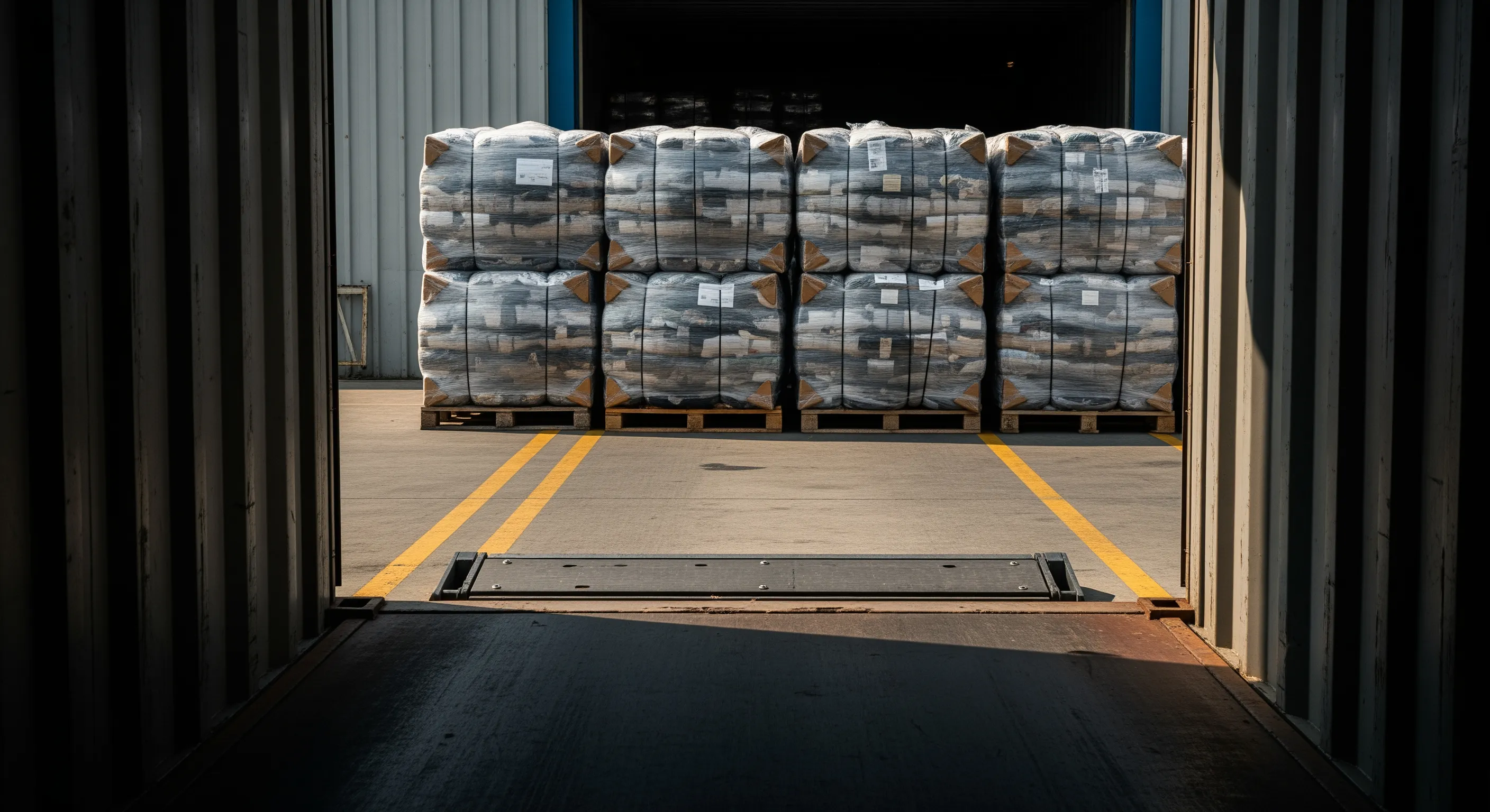 Low-angle view from inside a container looking out to a loading dock with stacked wrapped bales on pallets ready for export.