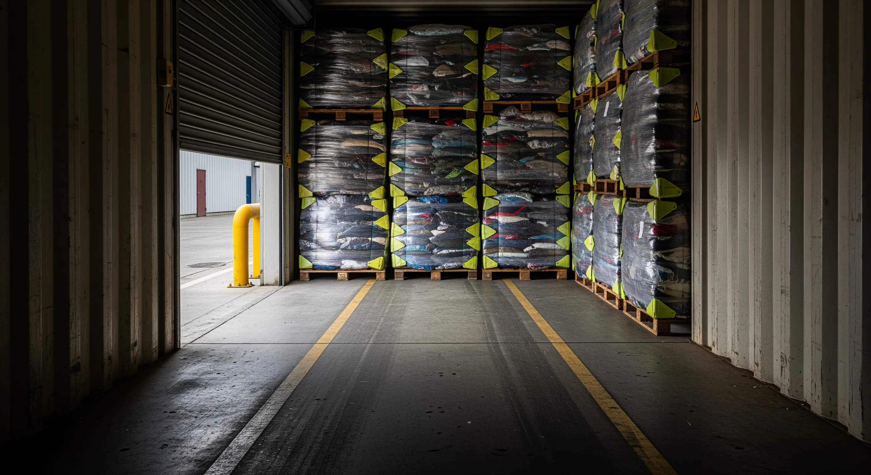 Low-angle view from inside export container showing palletized wrapped bales at a shipping dock with open roller door and empty forklift lanes