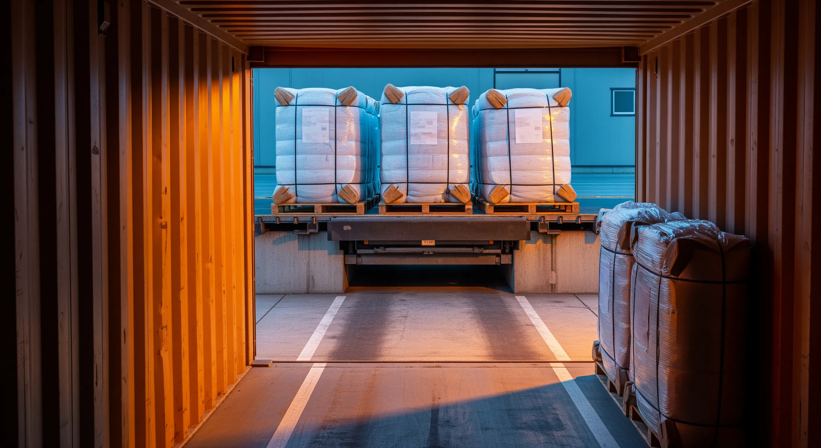 Inside shipping container looking out to loading dock with stacked wrapped bales staged for export under moody lighting