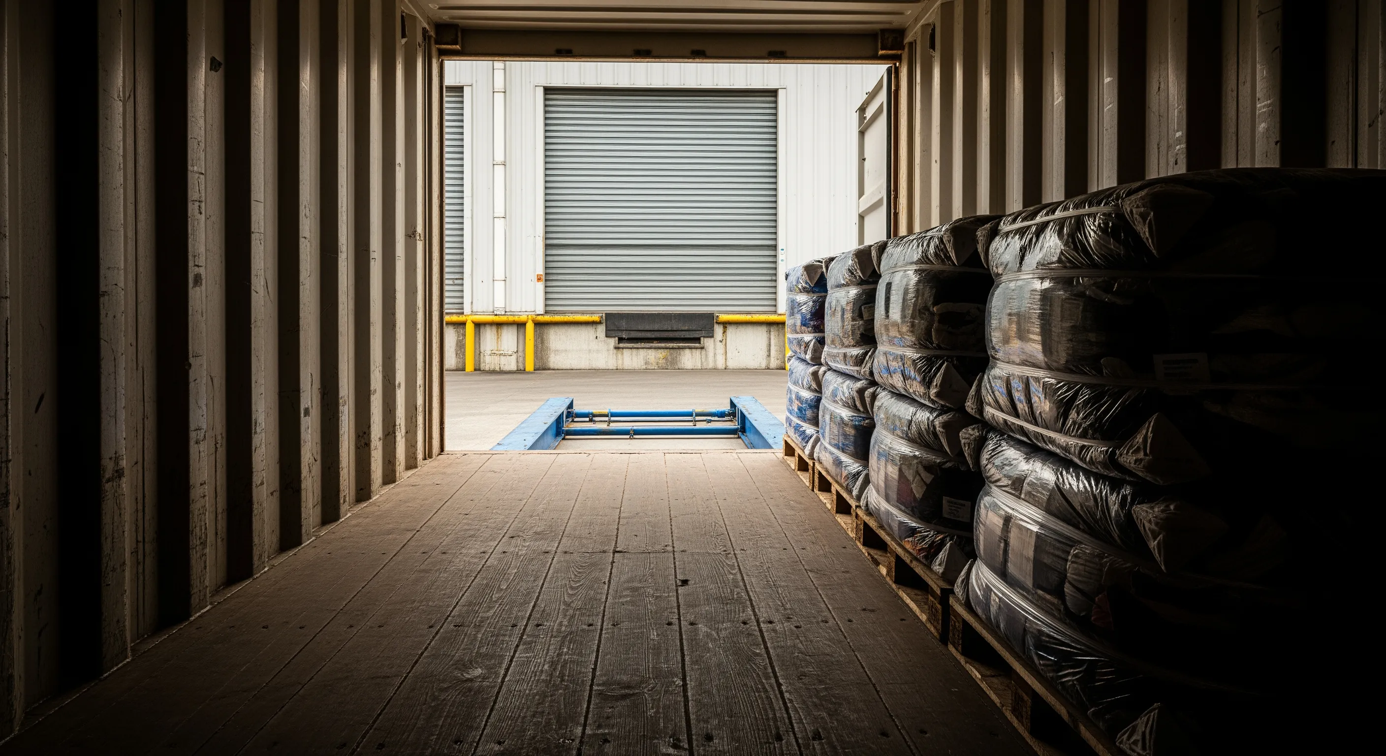 Low-angle view from inside a shipping container looking out at wrapped used clothing bales neatly palletized on a warehouse dock under moody light.