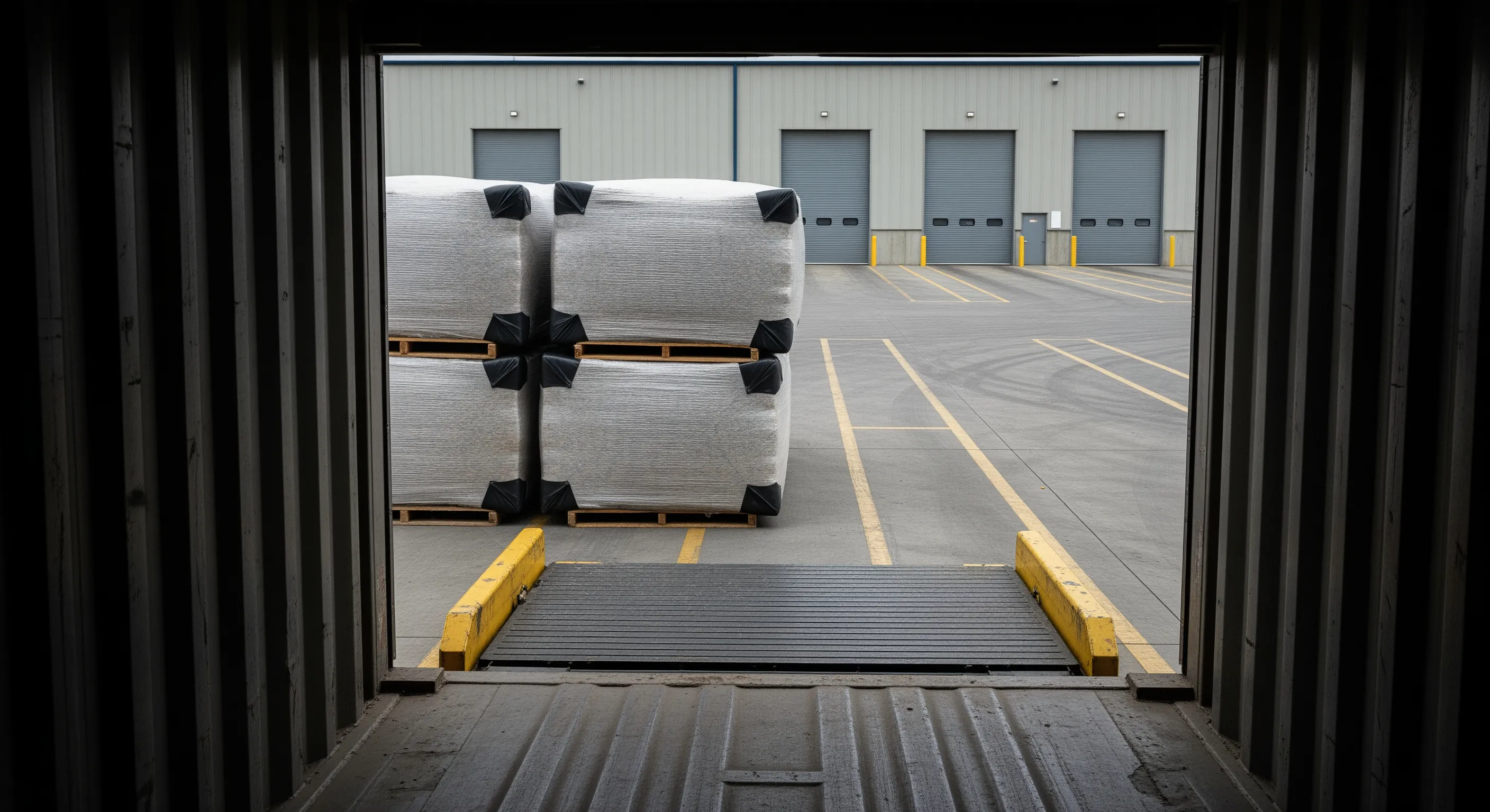 Low-angle view from inside a container at an Alberta dock with wrapped bales staged outside on pallets ready for export