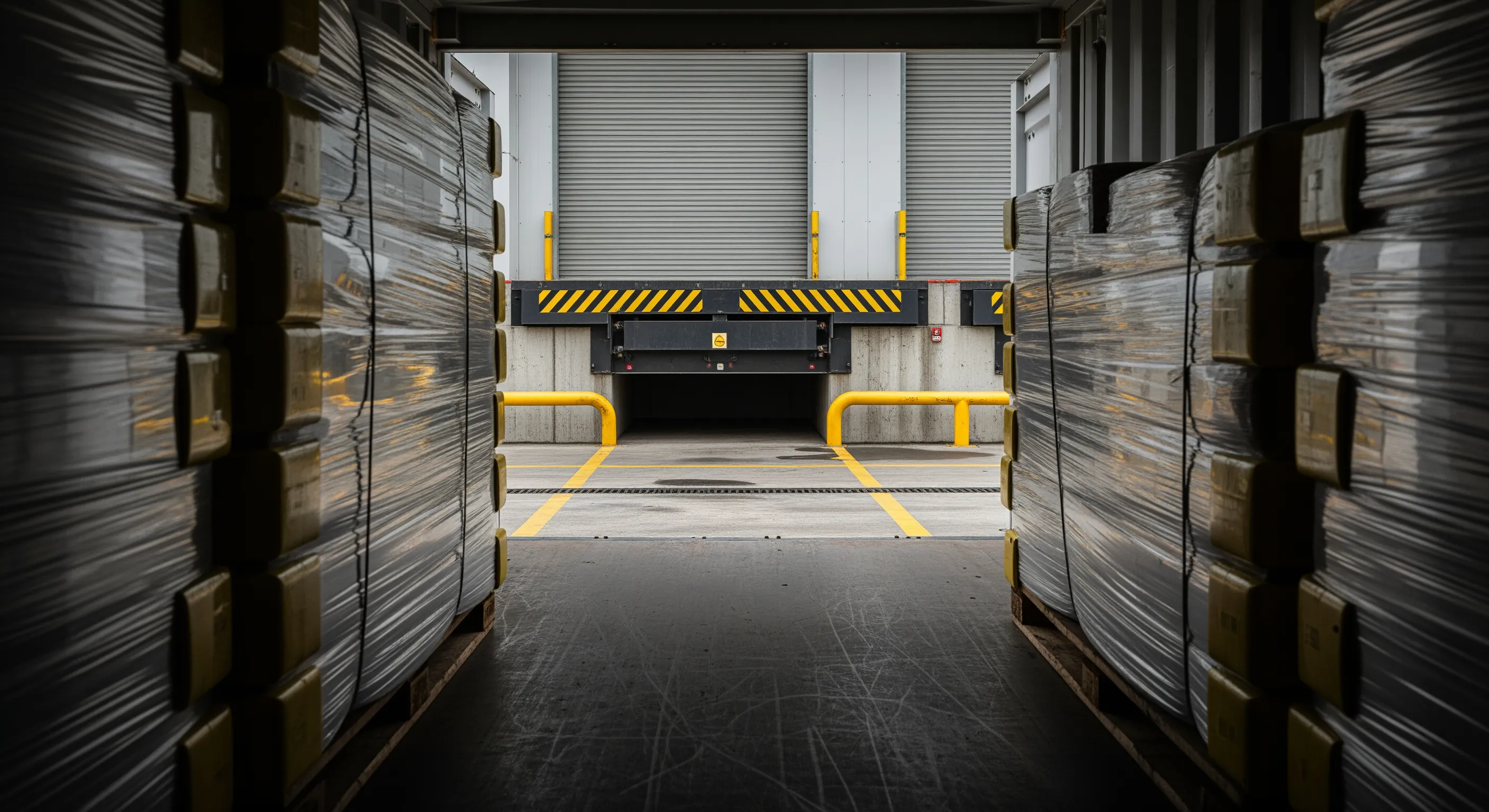 Inside export container looking out toward loading dock with wrapped bales on pallets ready for shipment under moody lighting.