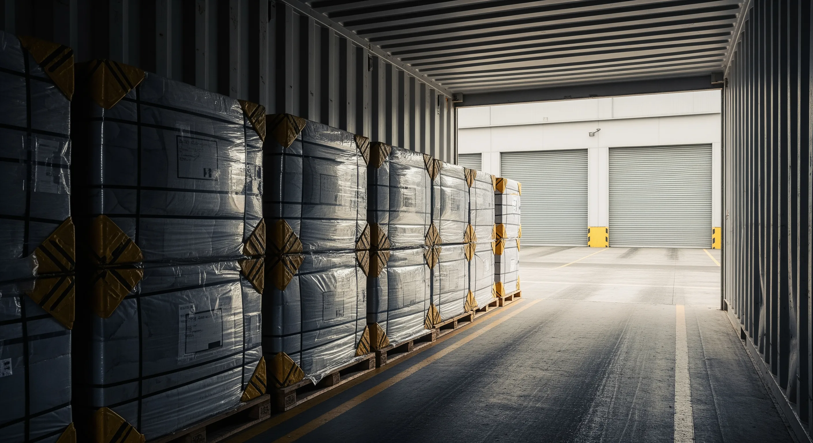 Inside shipping container looking out to dock showing wrapped bales on pallets ready for export under moody lighting