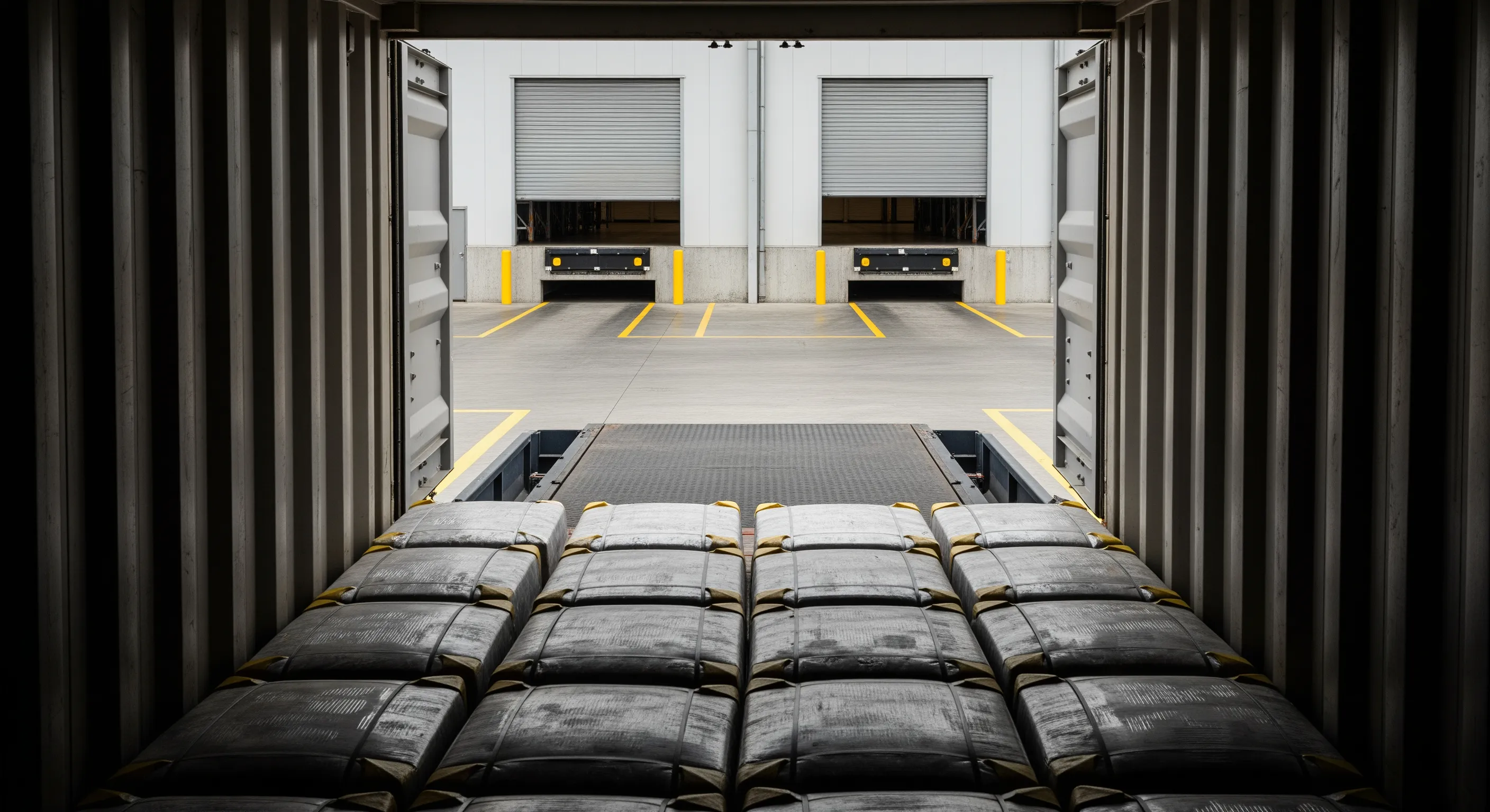 Inside view of shipping container looking out onto loading dock with wrapped bales on pallets and dock leveler, ready for export.