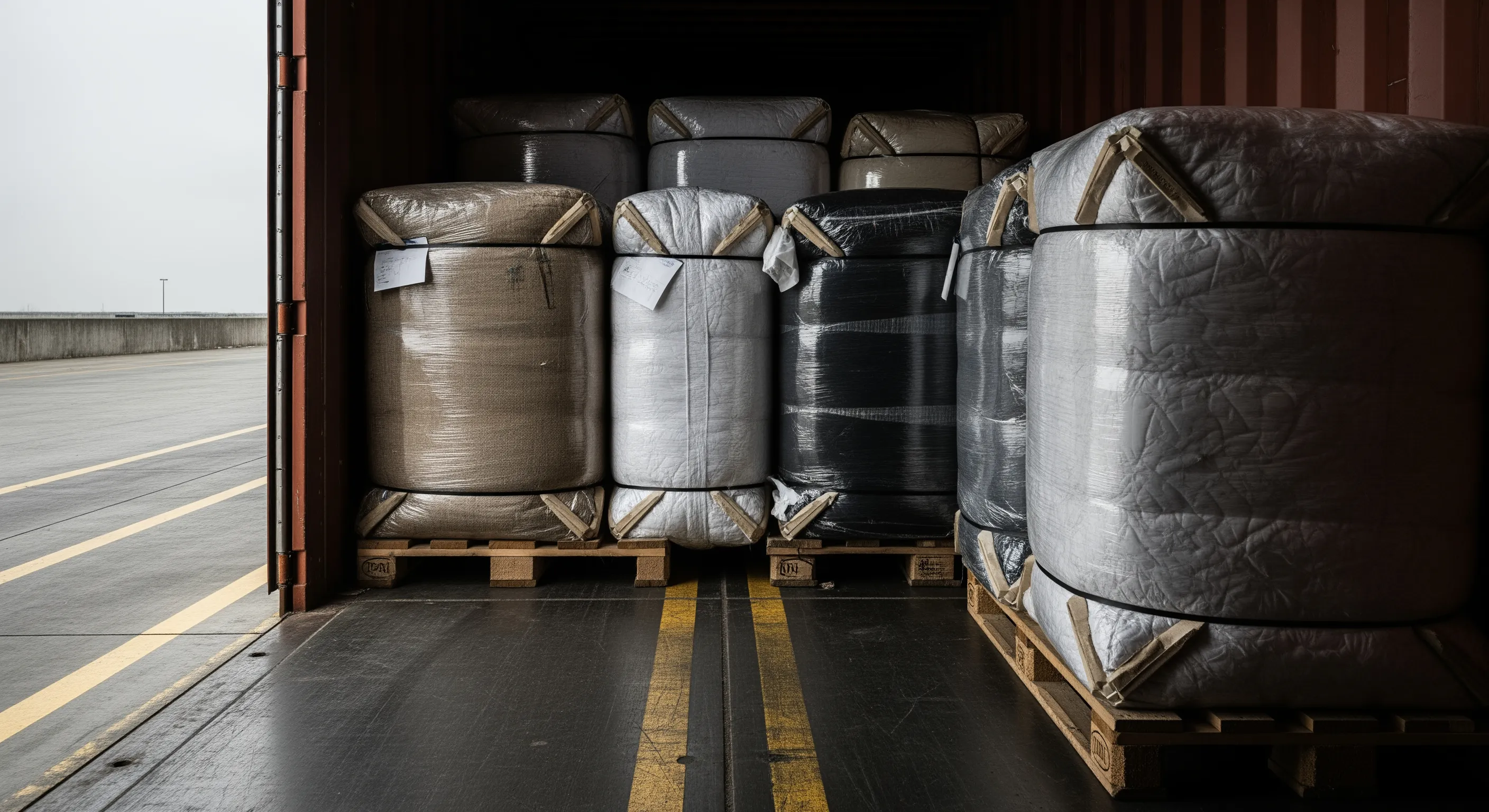 Inside view of a shipping container loaded with wrapped textile bales aligned on pallets, looking out toward a dock leveler in a warehouse