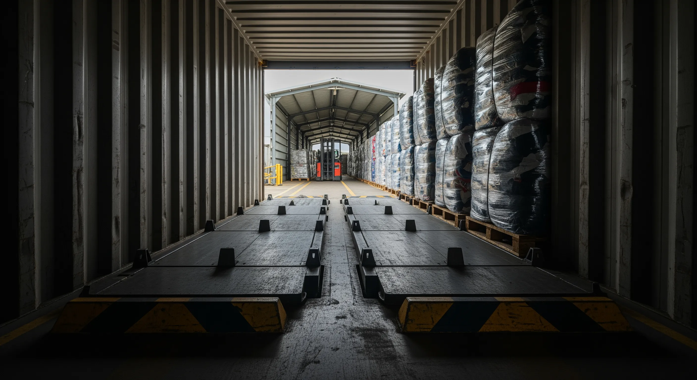 View from inside a shipping container looking out at dock with neatly stacked wrapped bales on pallets and dock leveler in soft moody light