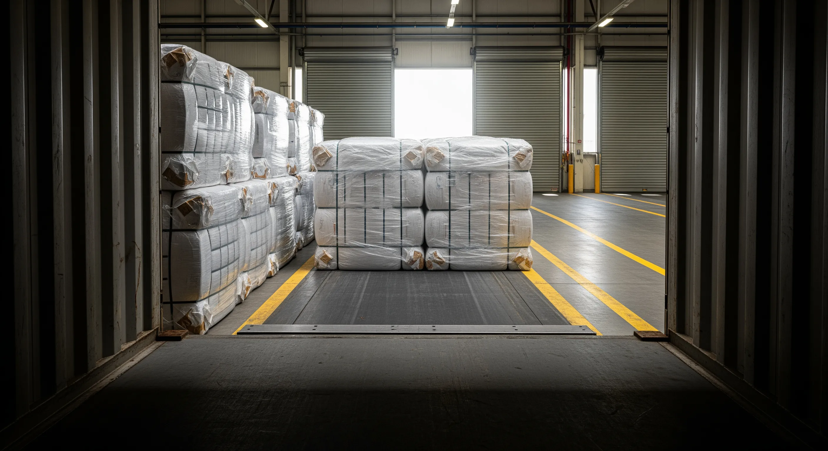 Low-angle view inside a shipping container looking out at pallets of wrapped used clothing bales staged at a loading dock for export.