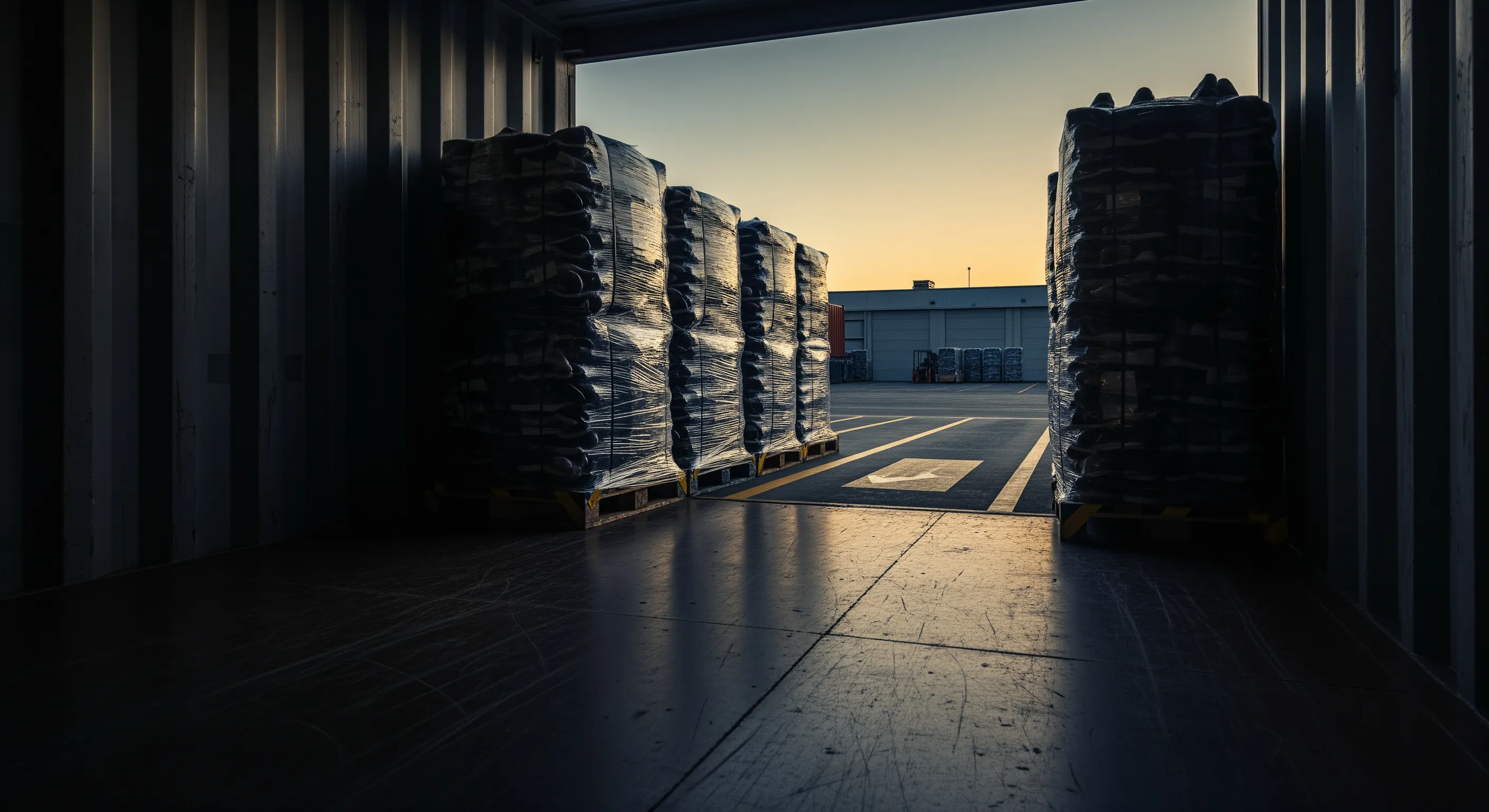 Low-angle view inside a shipping container facing out to a dock with stacked wrapped second hand shoe bales ready for export
