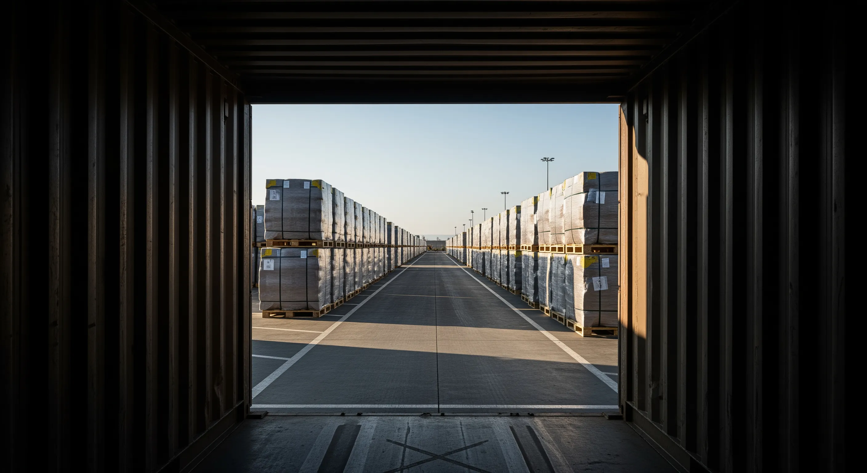 Low-angle perspective from inside a shipping container looking out toward a loading dock with wrapped bales ready for export.
