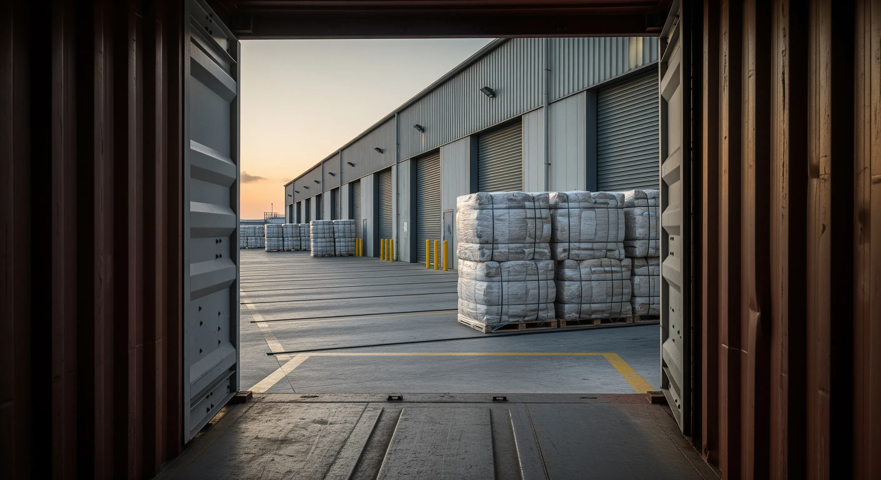 Low-angle view from inside a container looking out to a loading dock with stacked wrapped bales prepared for export