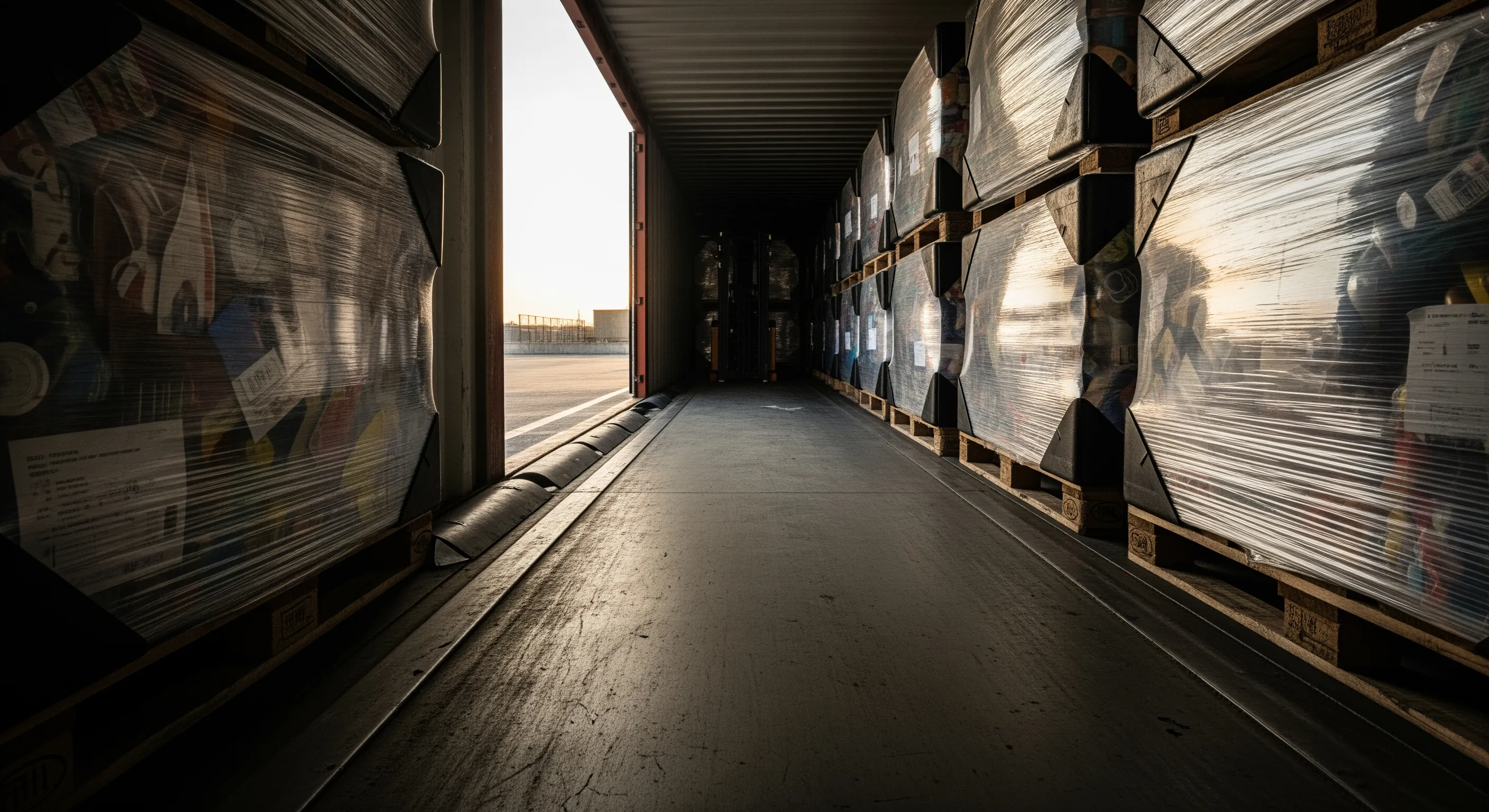 Low angle view from inside shipping container toward warehouse dock showing stacked wrapped bales ready for export with dock leveler and forklift lane visible.