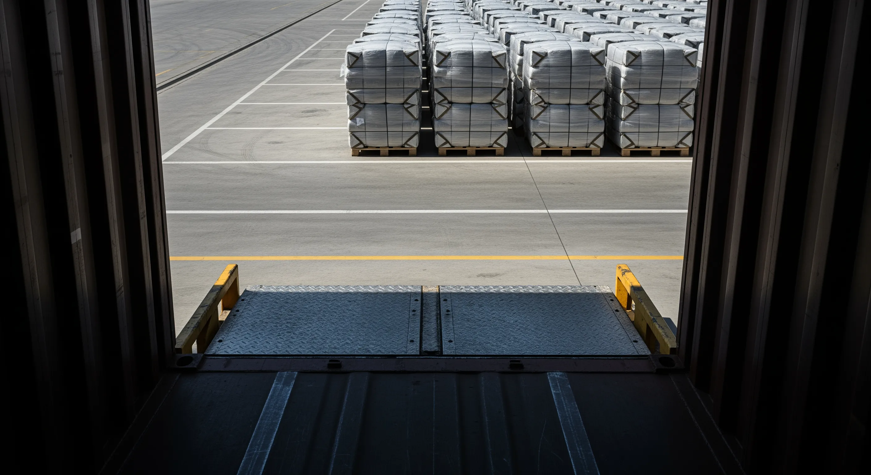 Inside view of a shipping container looking out onto a loading dock with neatly arranged wrapped clothing bales on pallets ready for export.