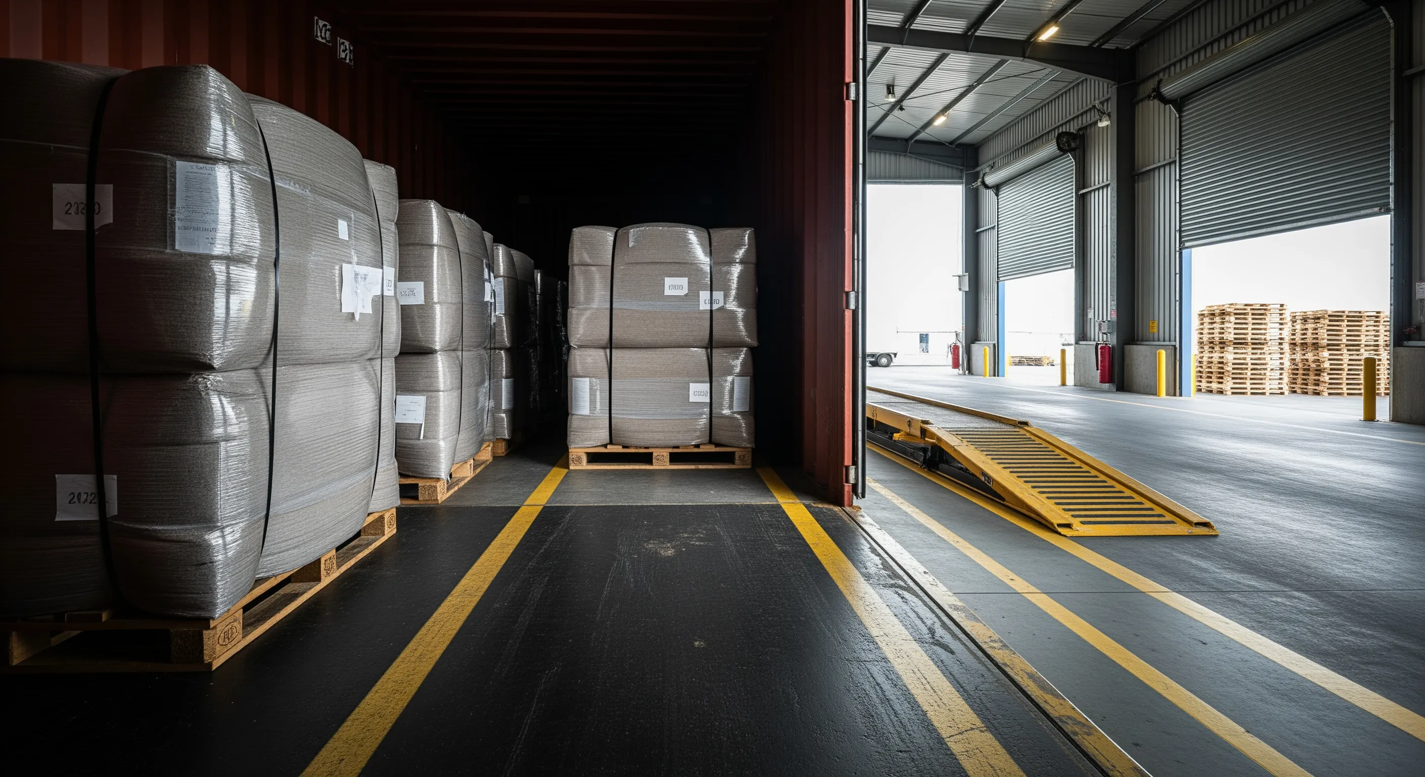 Interior of export container filled with wrapped bales looking out to dock shelter and pallet staging on clean concrete floor