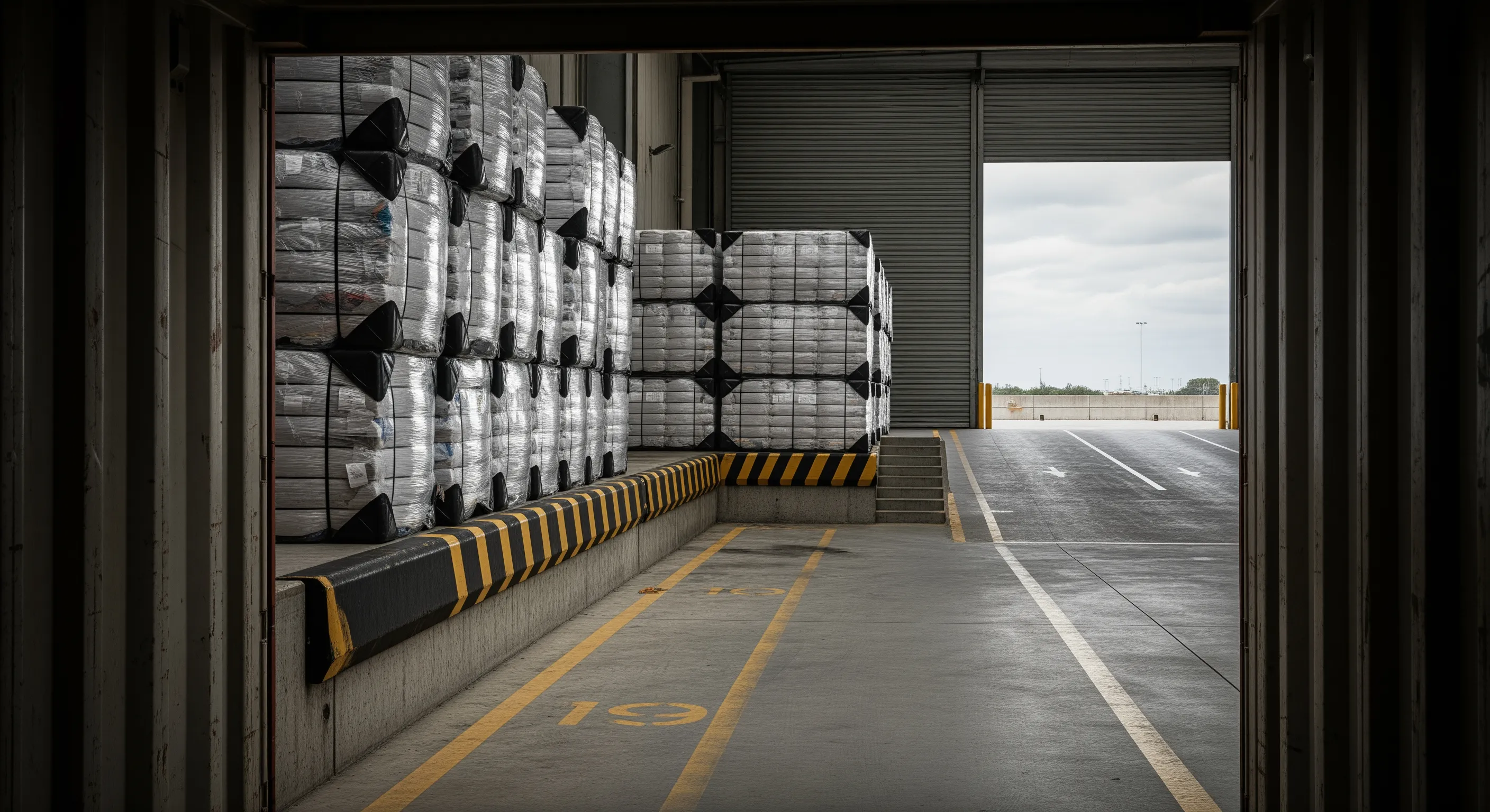 Low-angle view from inside shipping container looking out to loading bay with wrapped bales staged on pallets ready for export