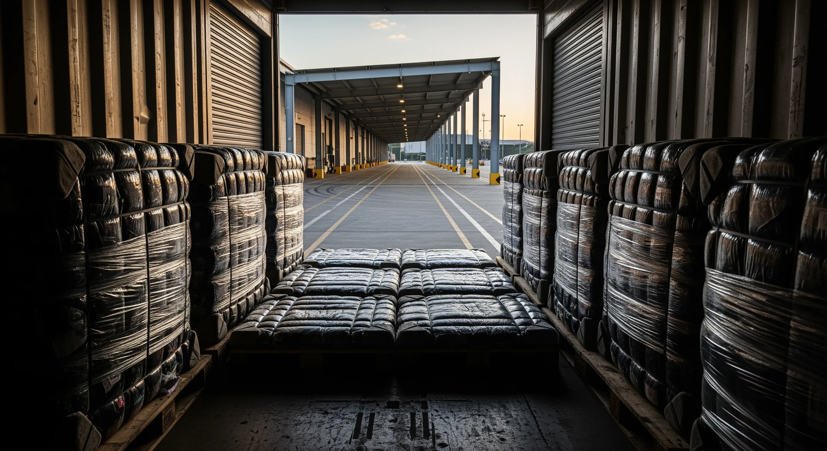 Low-angle view from inside a shipping container looking out to a dock with wrapped bales ready for export at dusk.