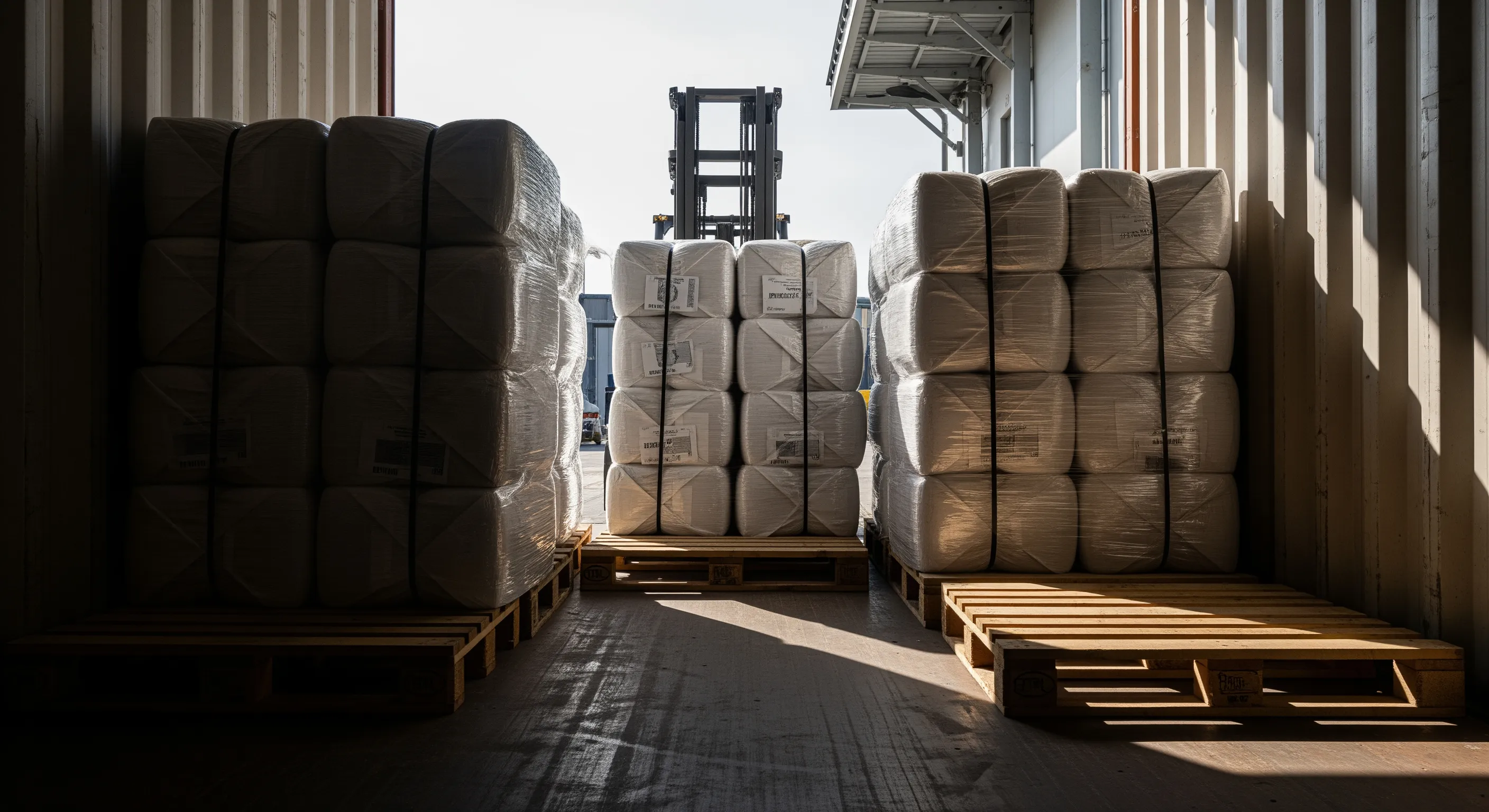 View from inside shipping container looking out at dock with wrapped bales on pallets queued for export in realistic industrial lighting.
