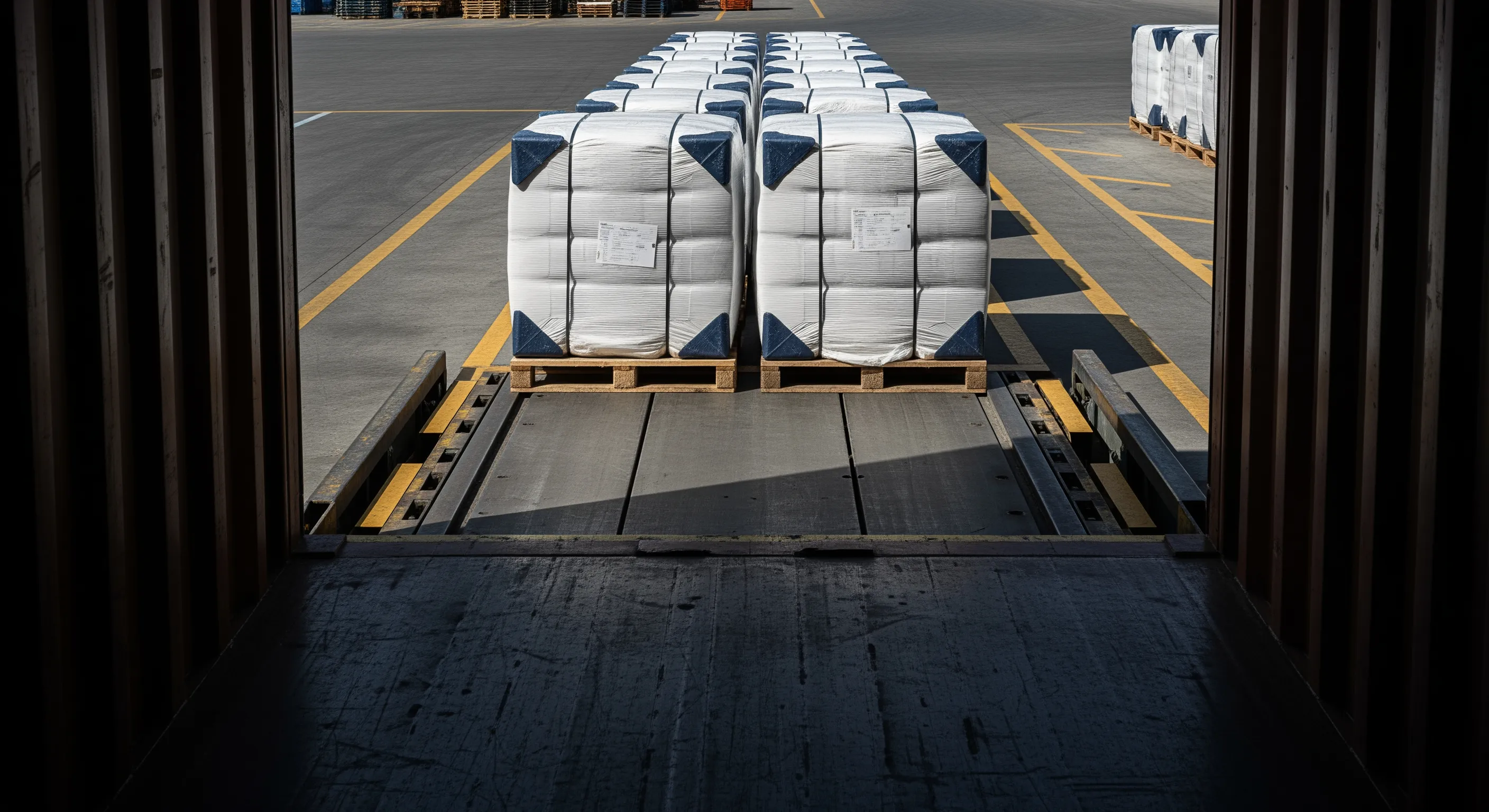 Low-angle shot inside a shipping container facing an outdoor dock with large wrapped bales stacked on pallets ready for export shipment