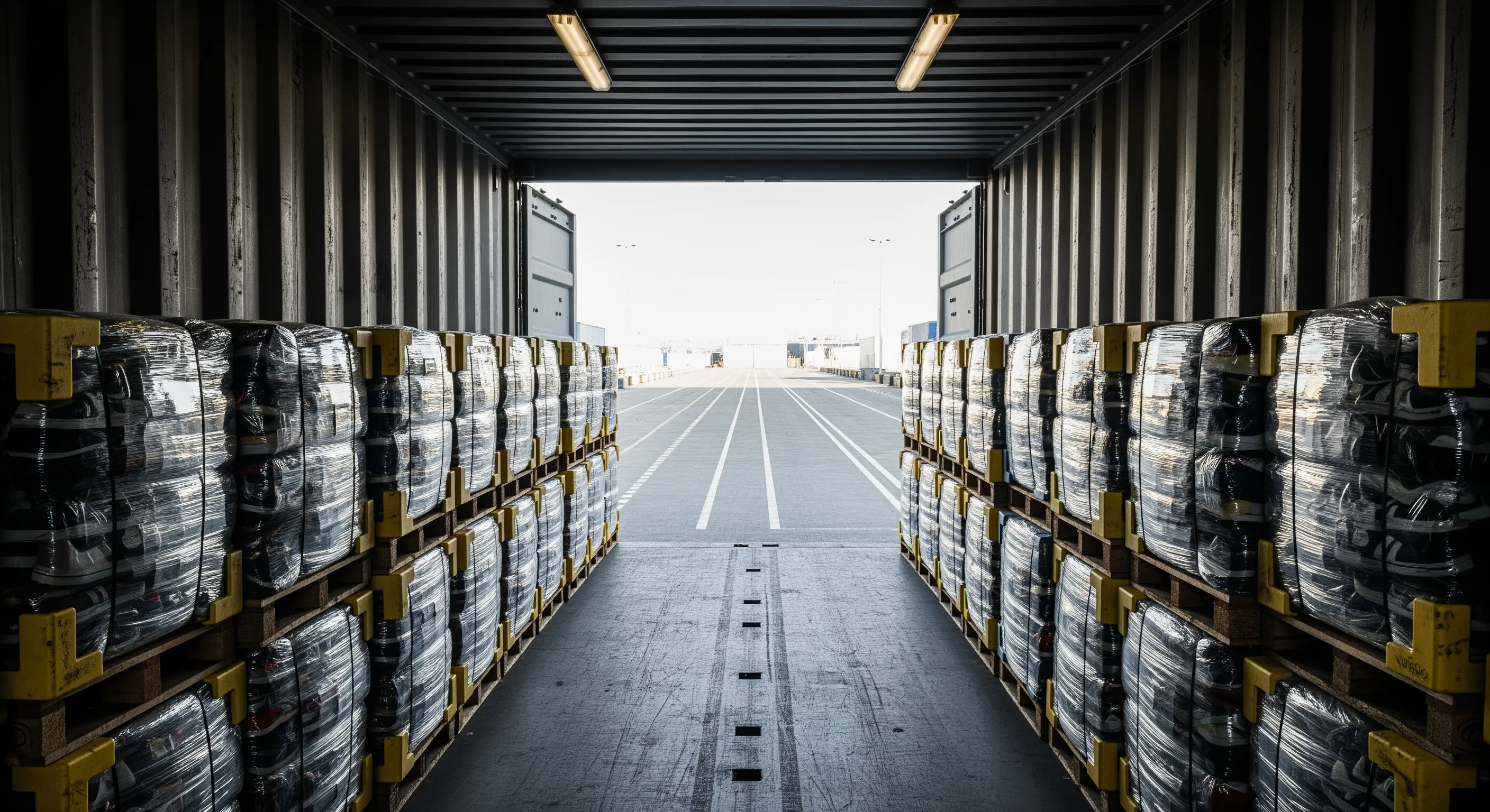 Inside shipping container looking toward dock with neatly stacked wrapped bales of used shoes ready for export