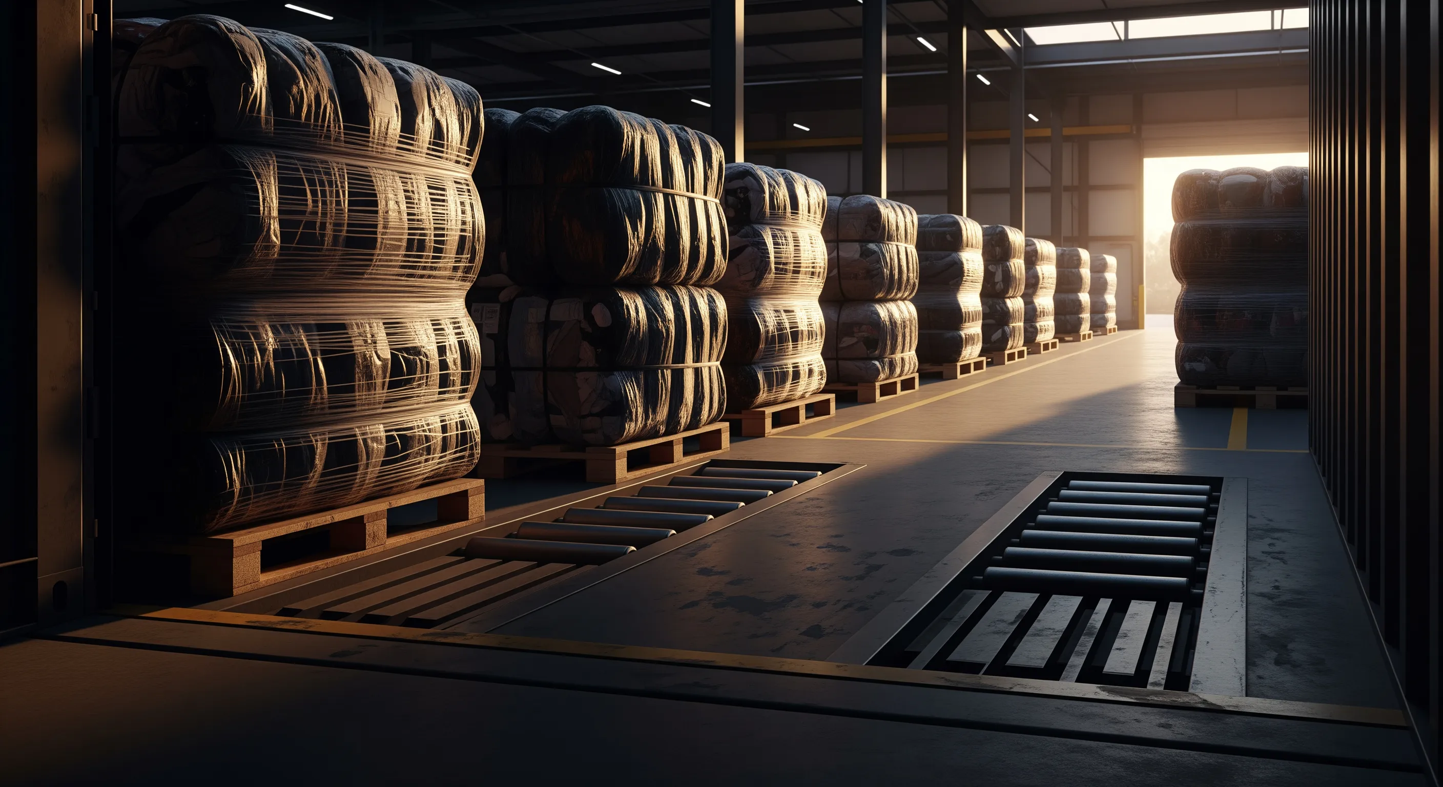 Inside container looking out to warehouse loading bay with neatly arranged wrapped bales on pallets ready for export in late afternoon light