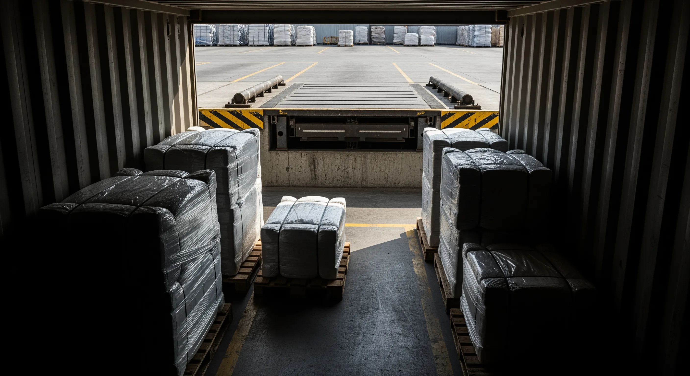 View from inside a shipping container looking out at wrapped textile bales staged on pallets in a loading dock with a dock leveler and roller doors.
