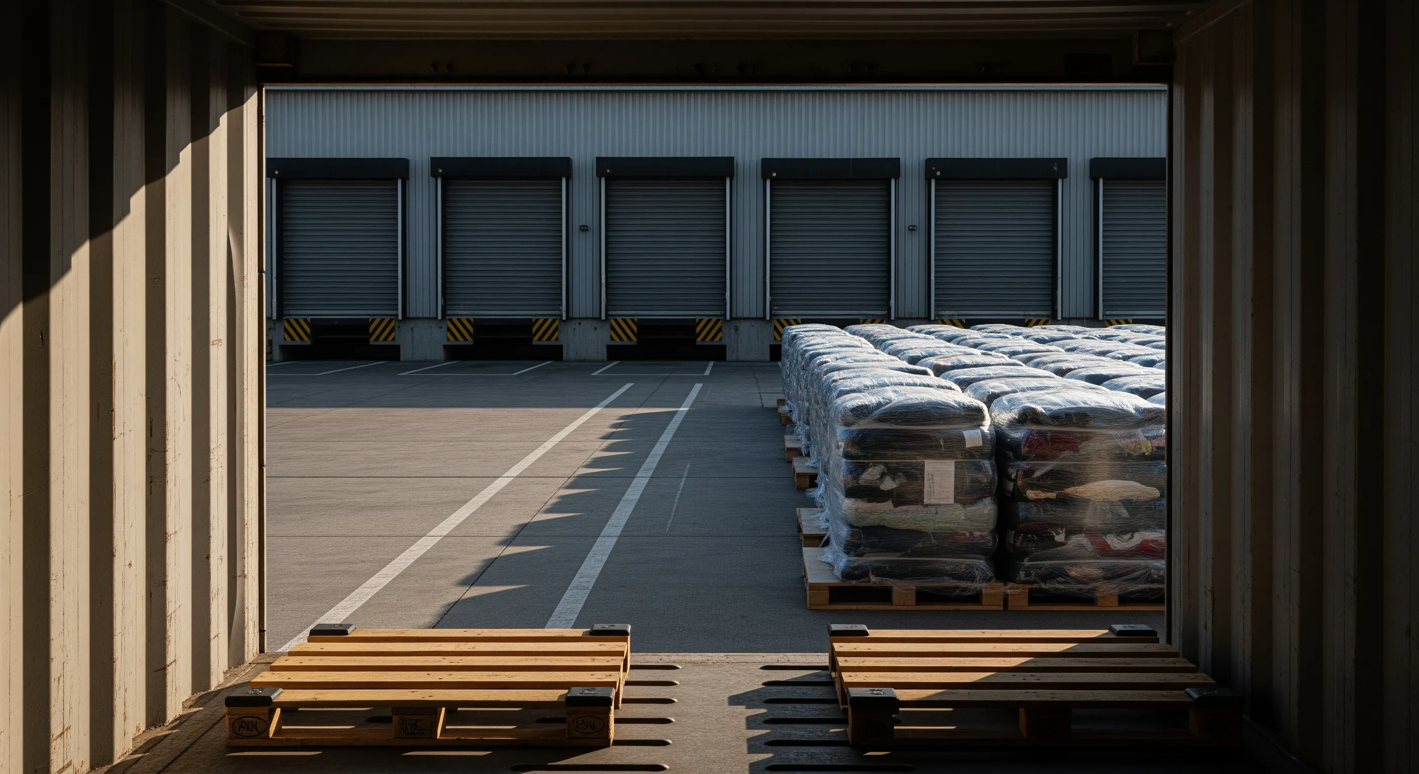 Low-angle perspective from inside a shipping container facing a loading dock with wrapped bales and pallet staging ready for export in moody light.