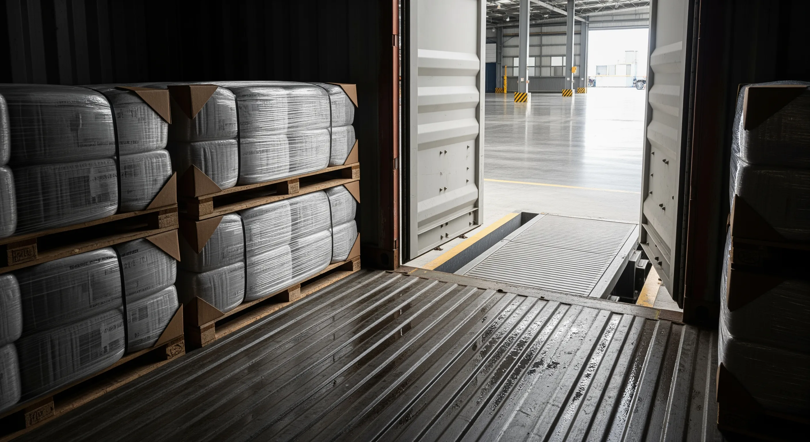 Inside a shipping container looking out to a warehouse dock with wrapped bales stacked on pallets ready for export, lit by moody ambient light.