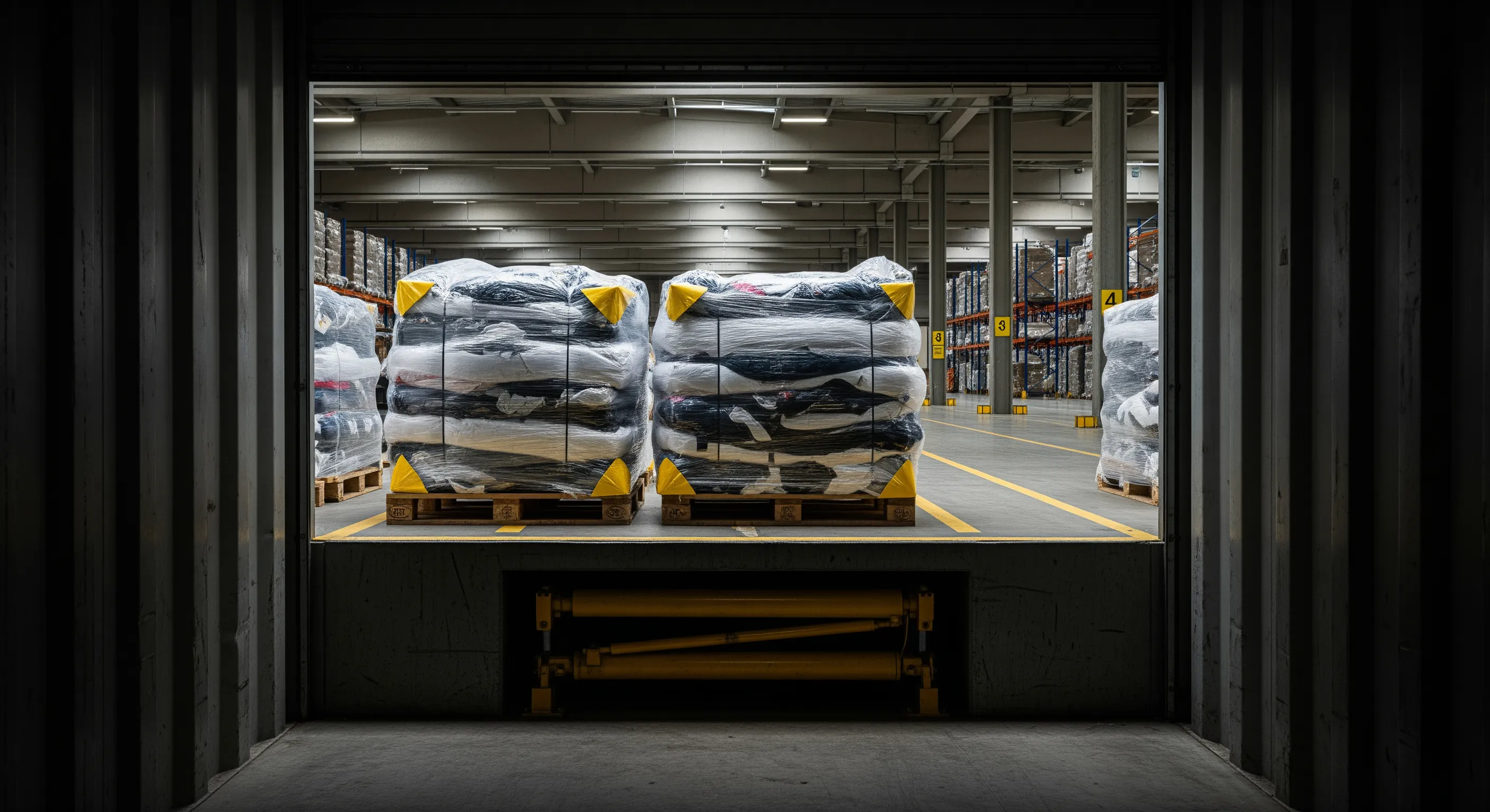 View from inside a shipping container looking out at wrapped clothing bales ready for export at a warehouse dock with moody lighting