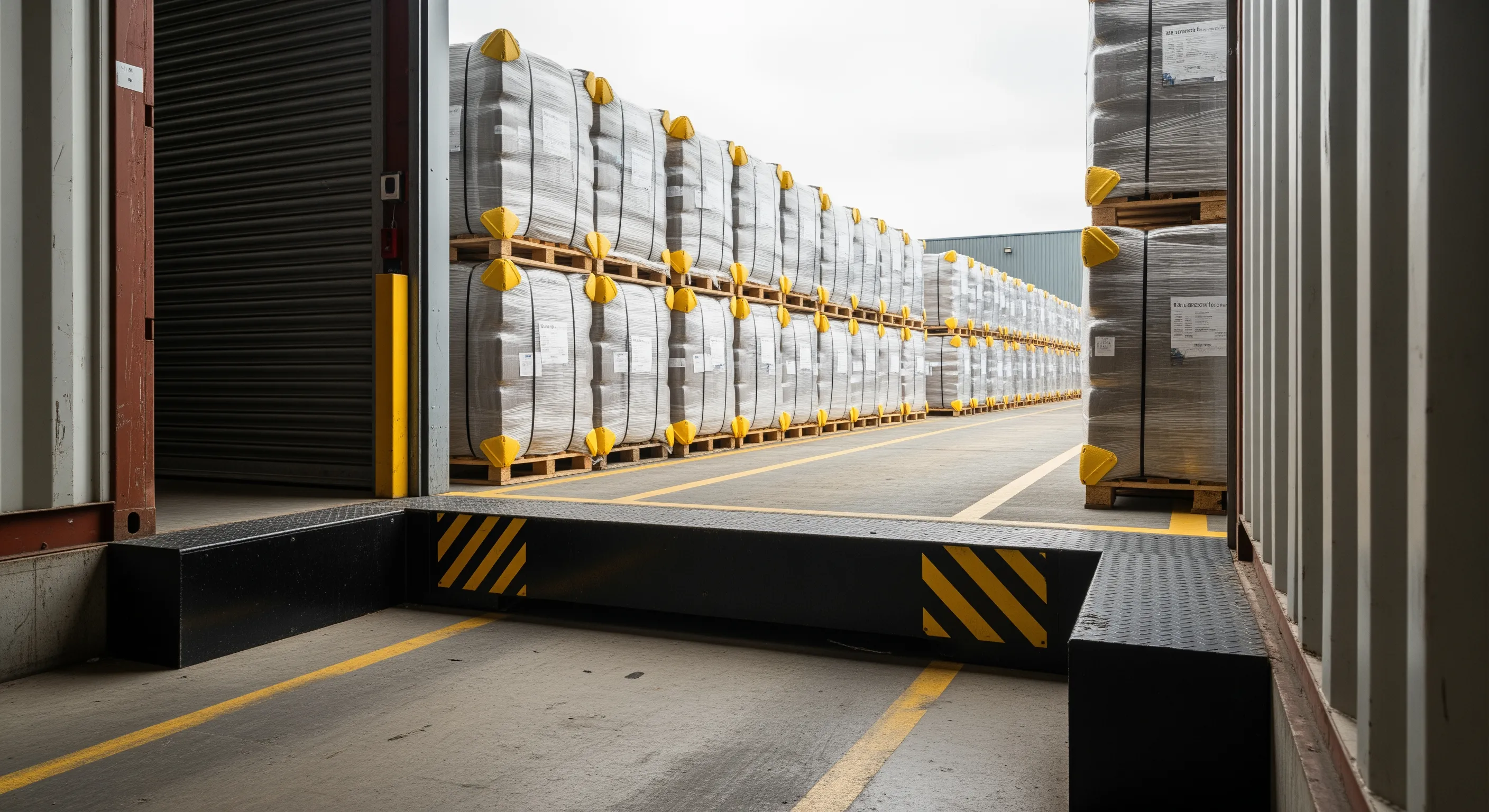 Low-angle view from inside a loading container looking out to a UK warehouse dock with wrapped bales and corner protectors ready for export
