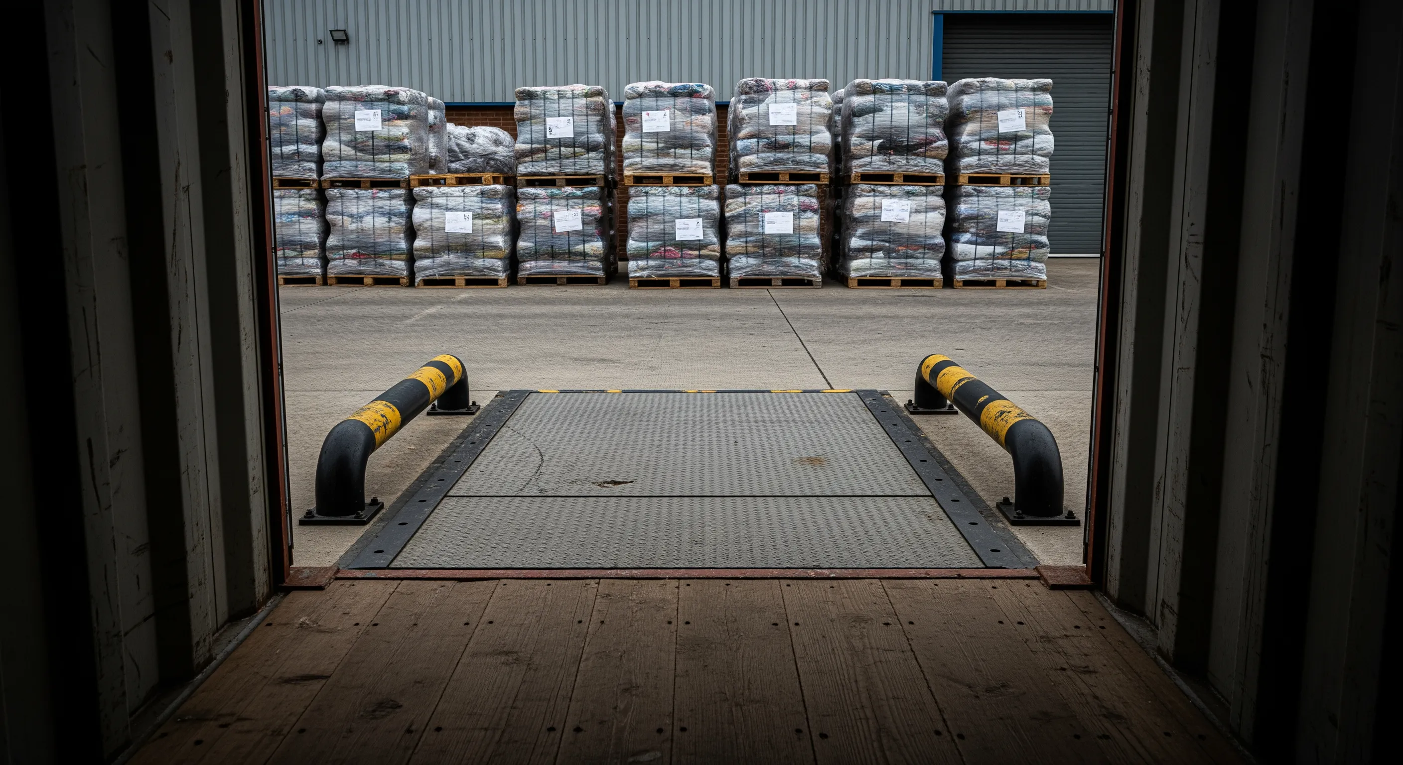 Interior perspective of a shipping container looking out at pallets of wrapped used clothing bales staged at a UK warehouse loading dock.