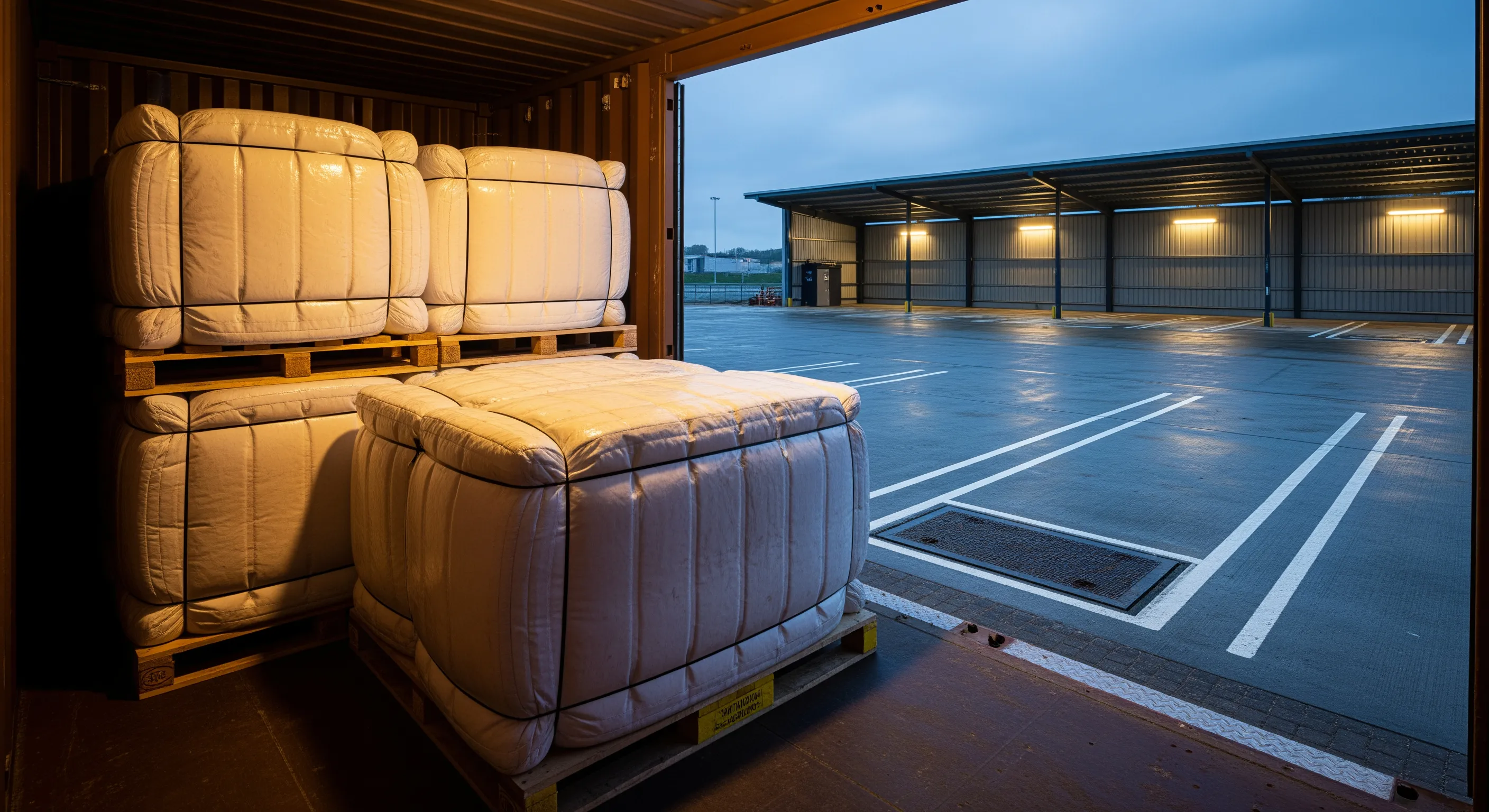 Low-angle view from inside a shipping container revealing stacked wrapped textile bales on pallets aligned for export on a moody dock shelter at dusk.
