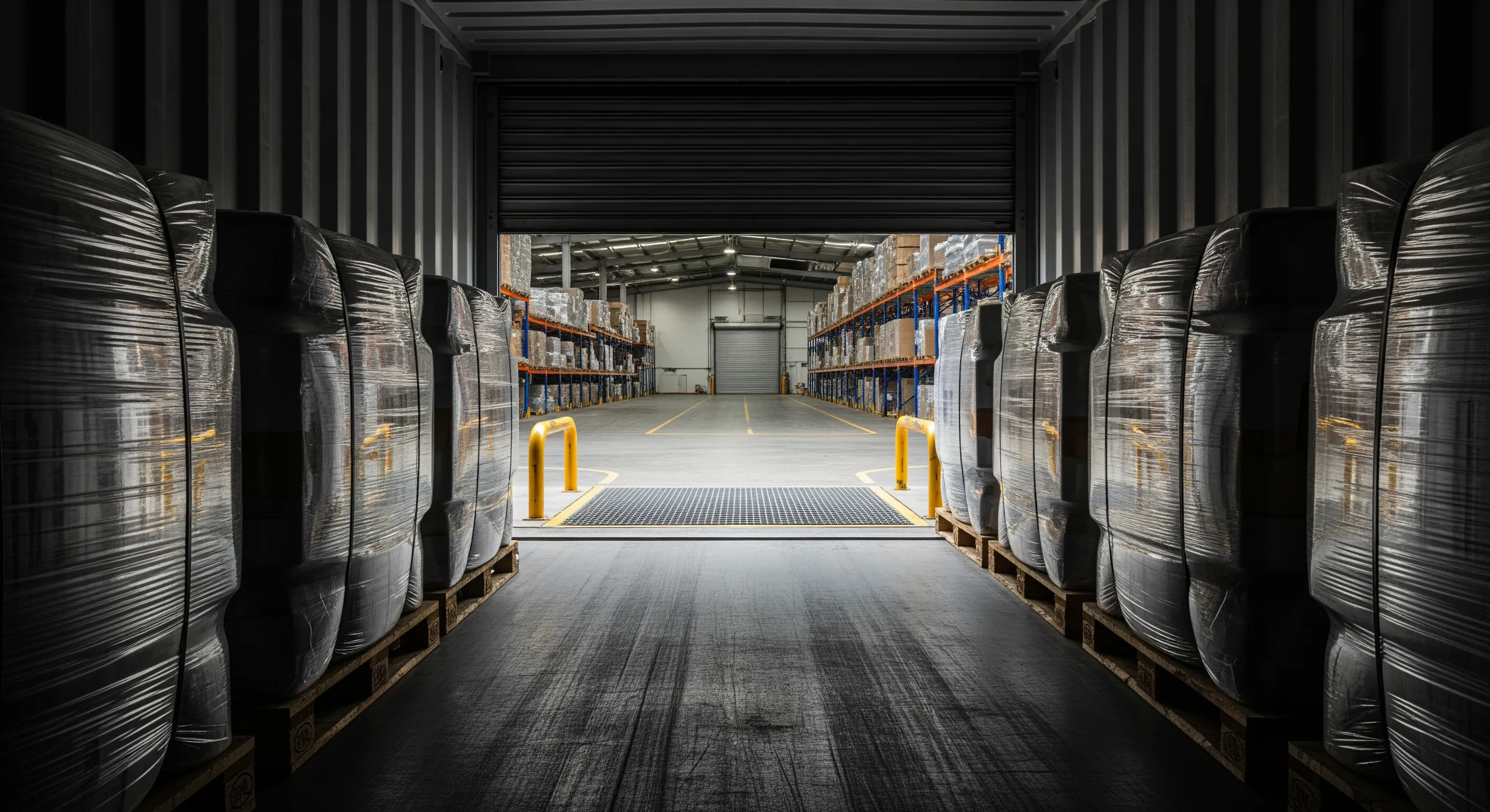 Inside export container at a London warehouse showing stacked wrapped bales on pallets and loading dock visible through open container doors under moody lighting.