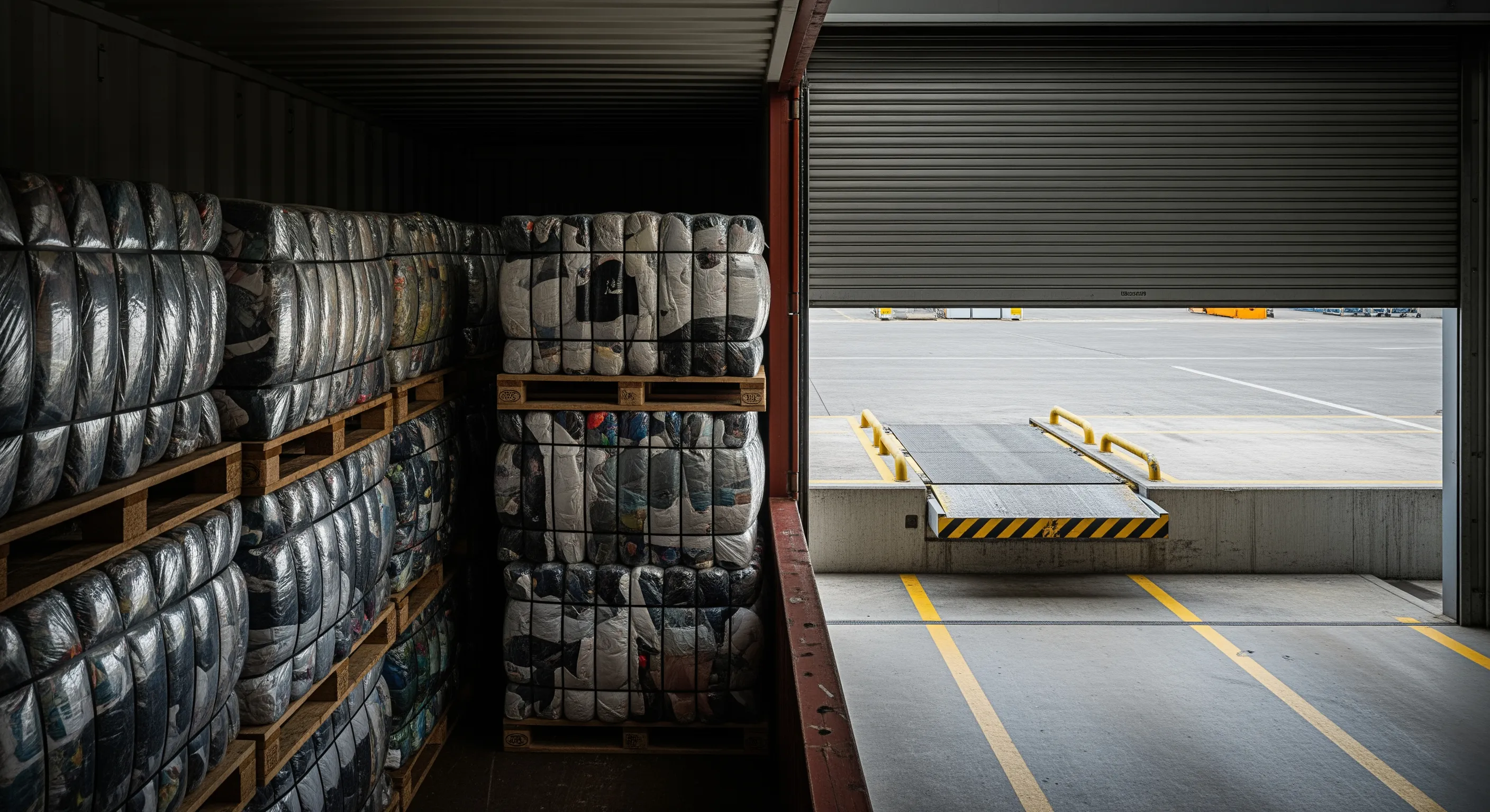 Low-angle view inside a shipping container looking out to a dock with wrapped clothing bales on pallets and dock shelter in moody natural light