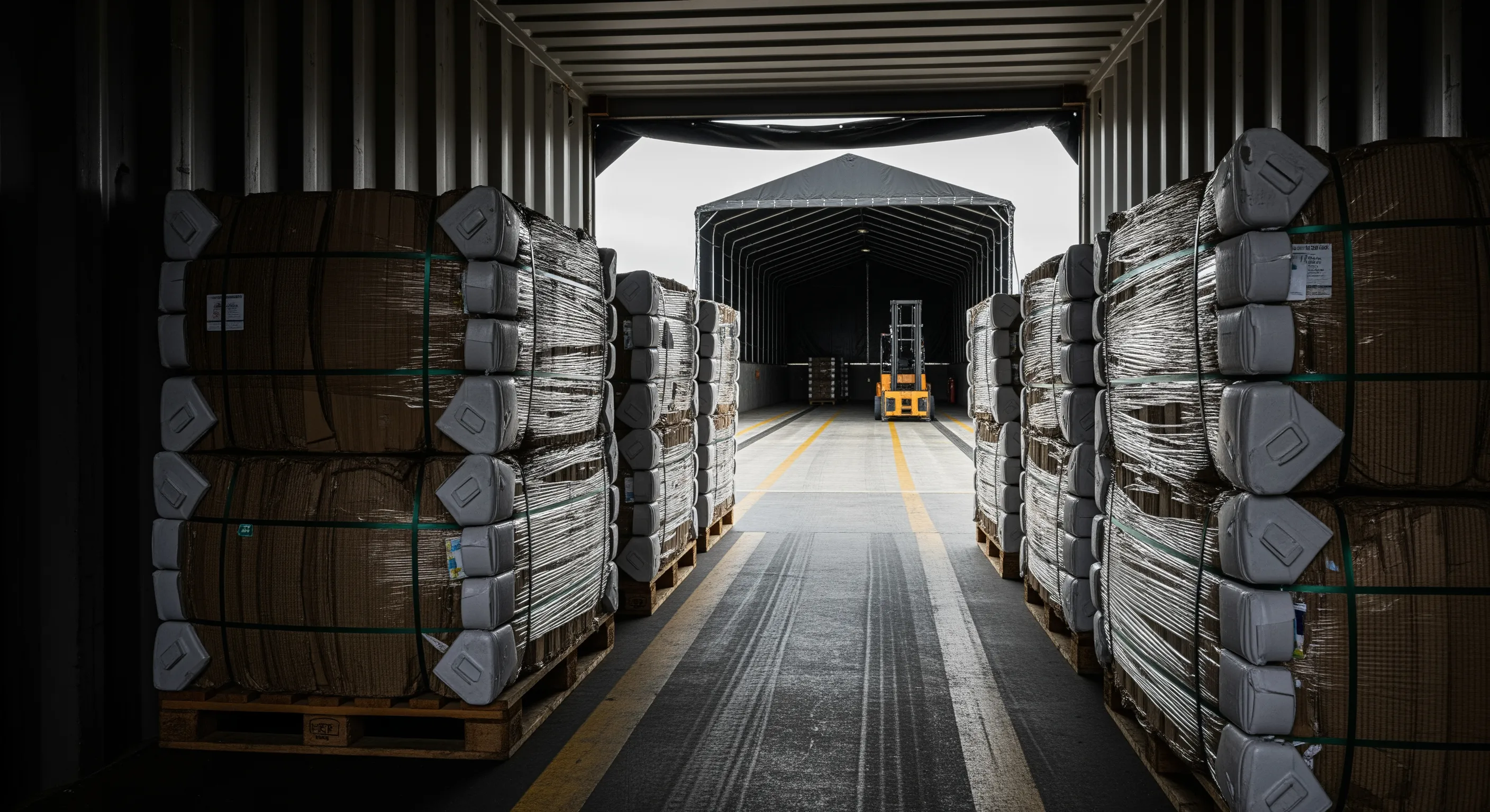 Low-angle view from inside a shipping container looking out to a dock with neatly stacked wrapped bales on pallets ready for export