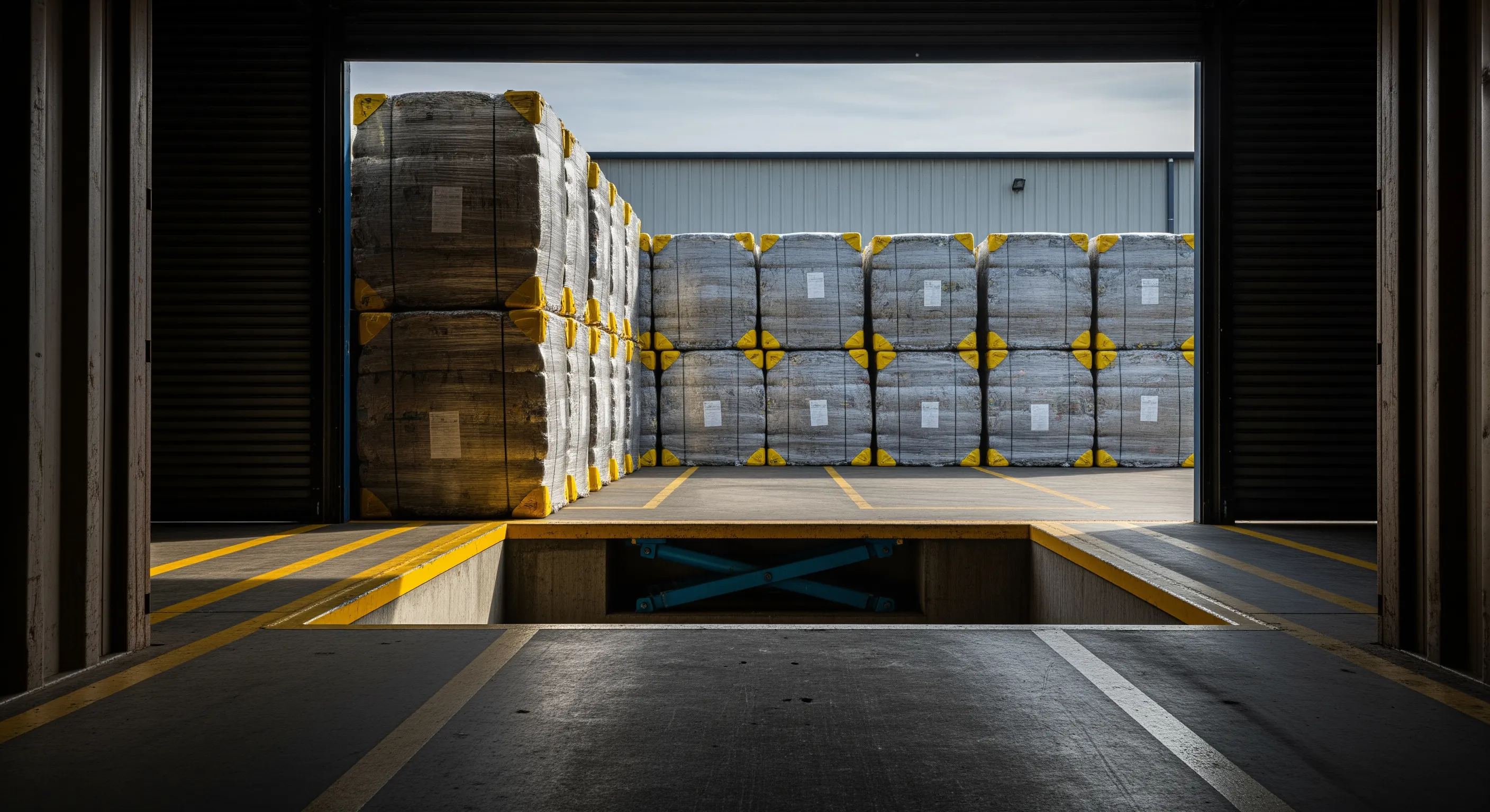 Low-angle view inside shipping container with wrapped bales awaiting export at loading dock in evening light