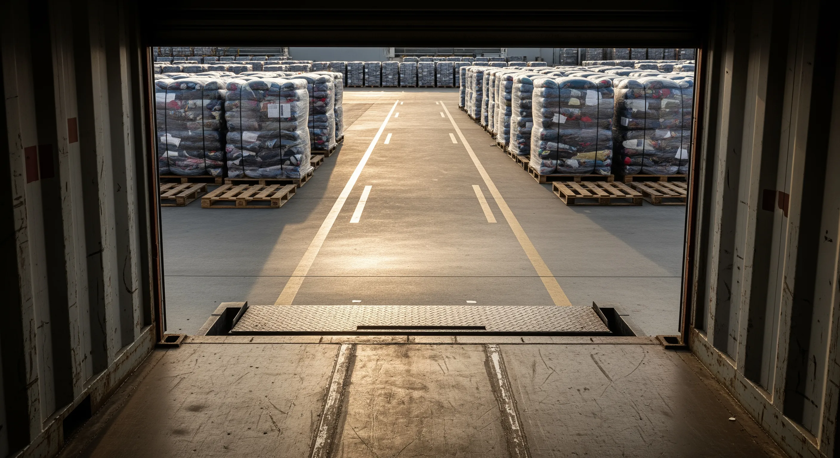 View from inside empty container looking out to dock area with wrapped clothing bales staged for export shipment.