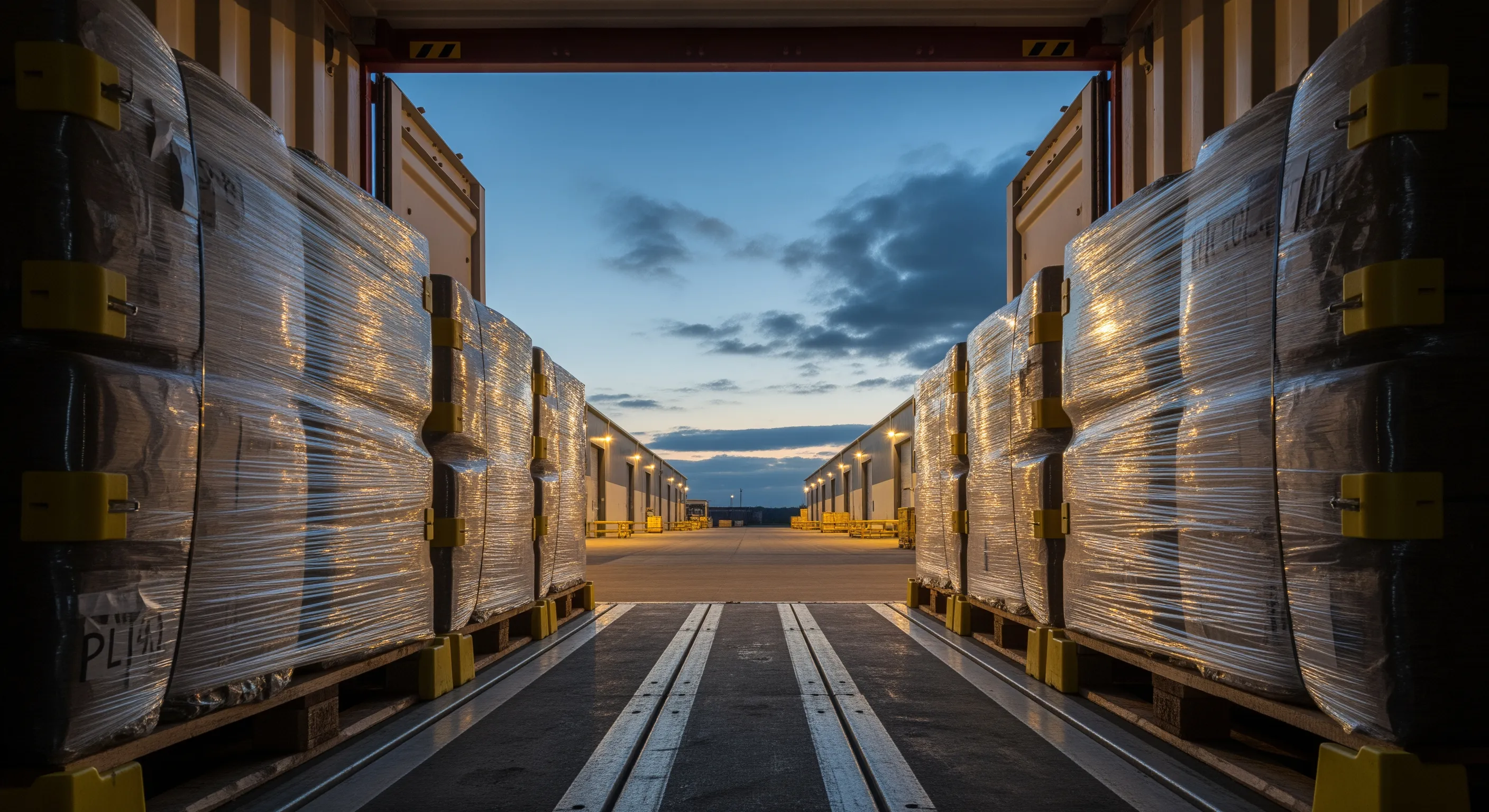 Low-angle view from inside an export container looking outside to a warehouse dock with wrapped bales on pallets ready for shipping.