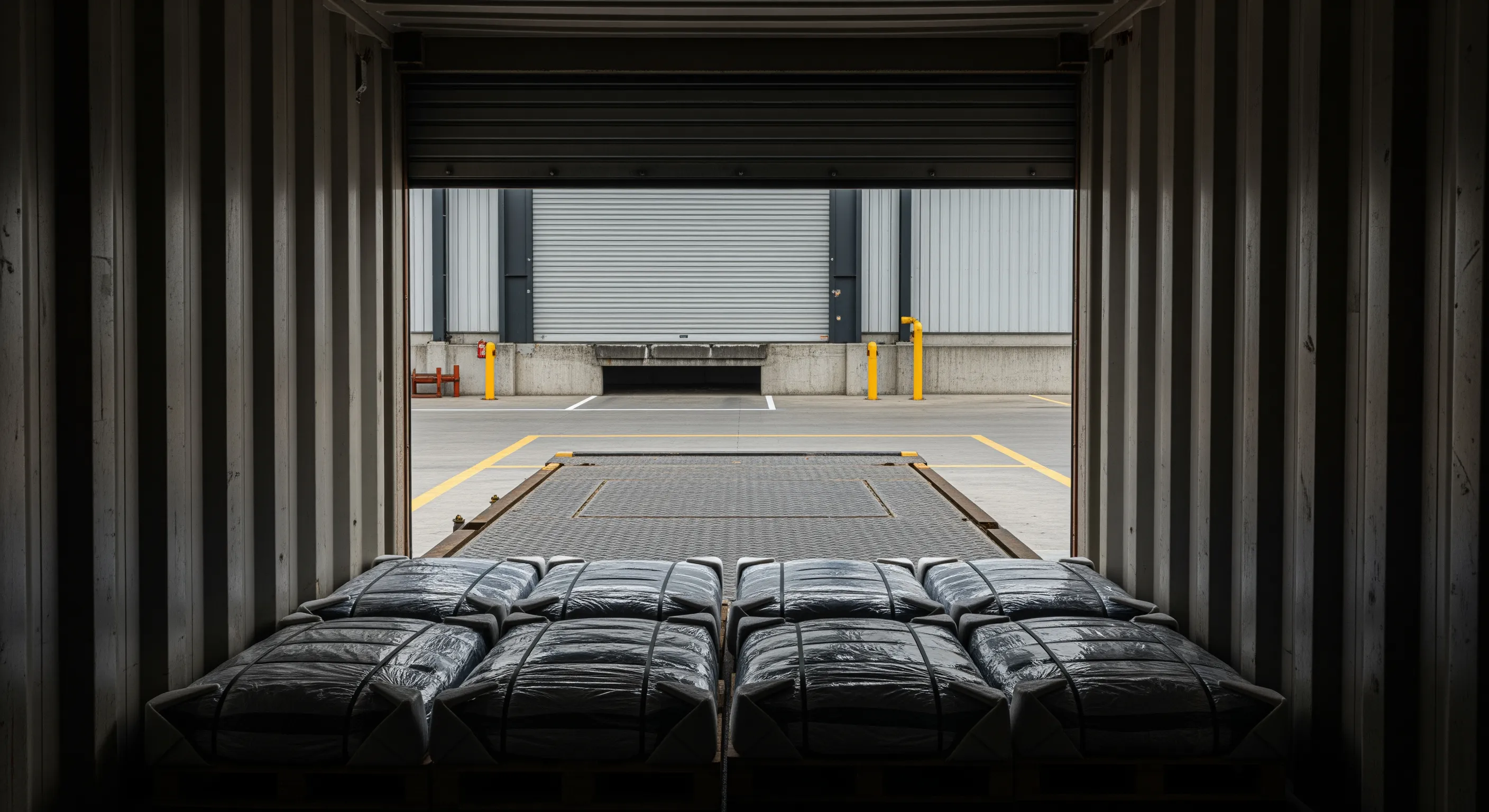 Inside perspective of a shipping container filled with wrapped bales looking out to a warehouse loading dock under soft natural light