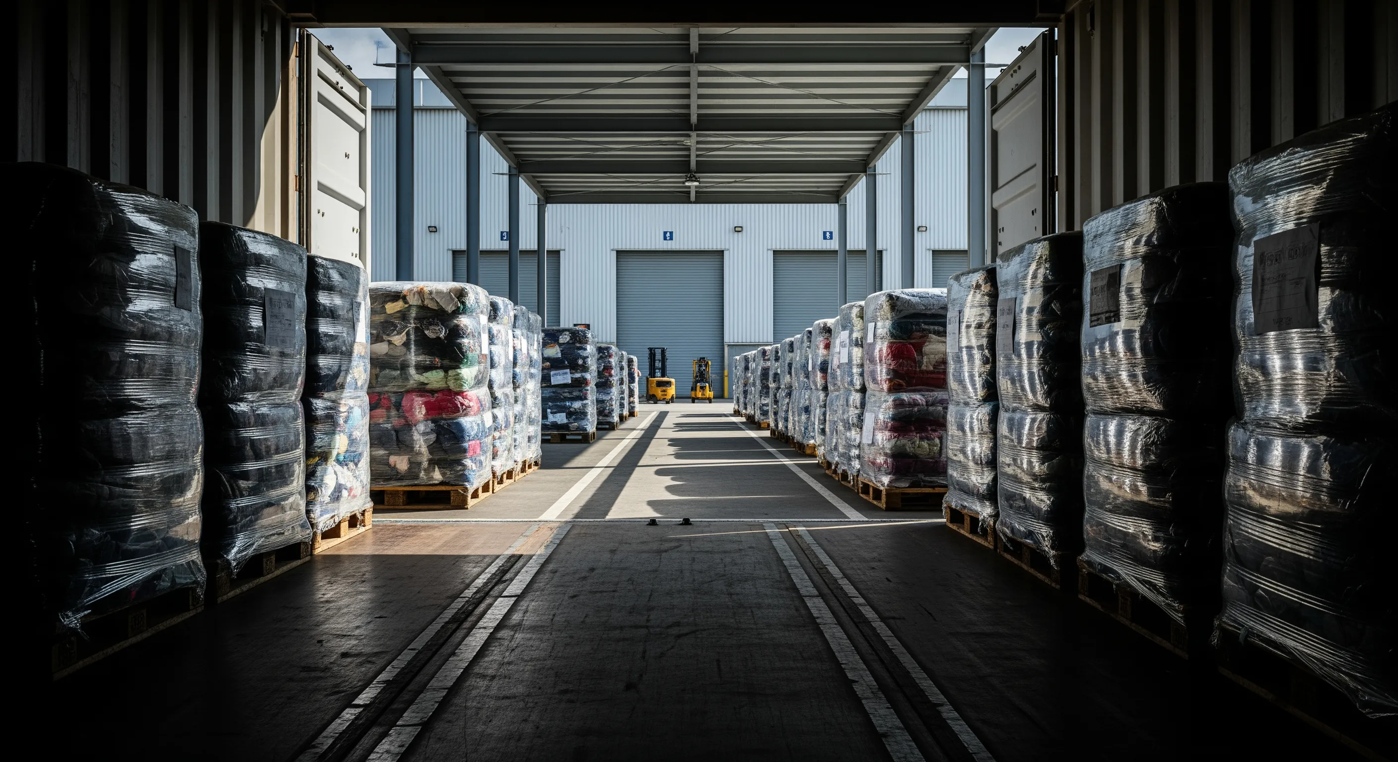 Low-angle container interior looking out to dock with neatly aligned wrapped bales ready for export shipment