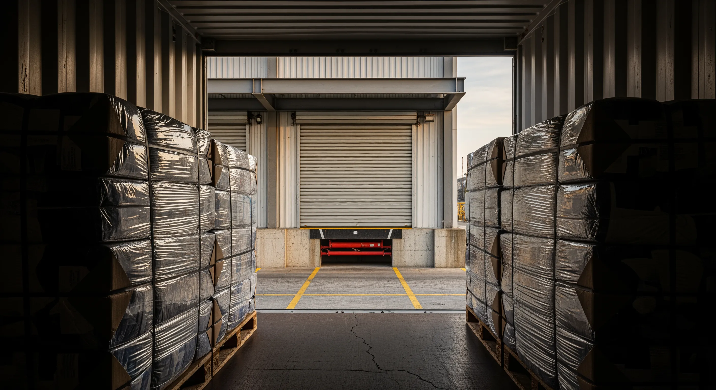 Inside shipping container looking out toward loading dock where wrapped bales of used clothing are staged for export.