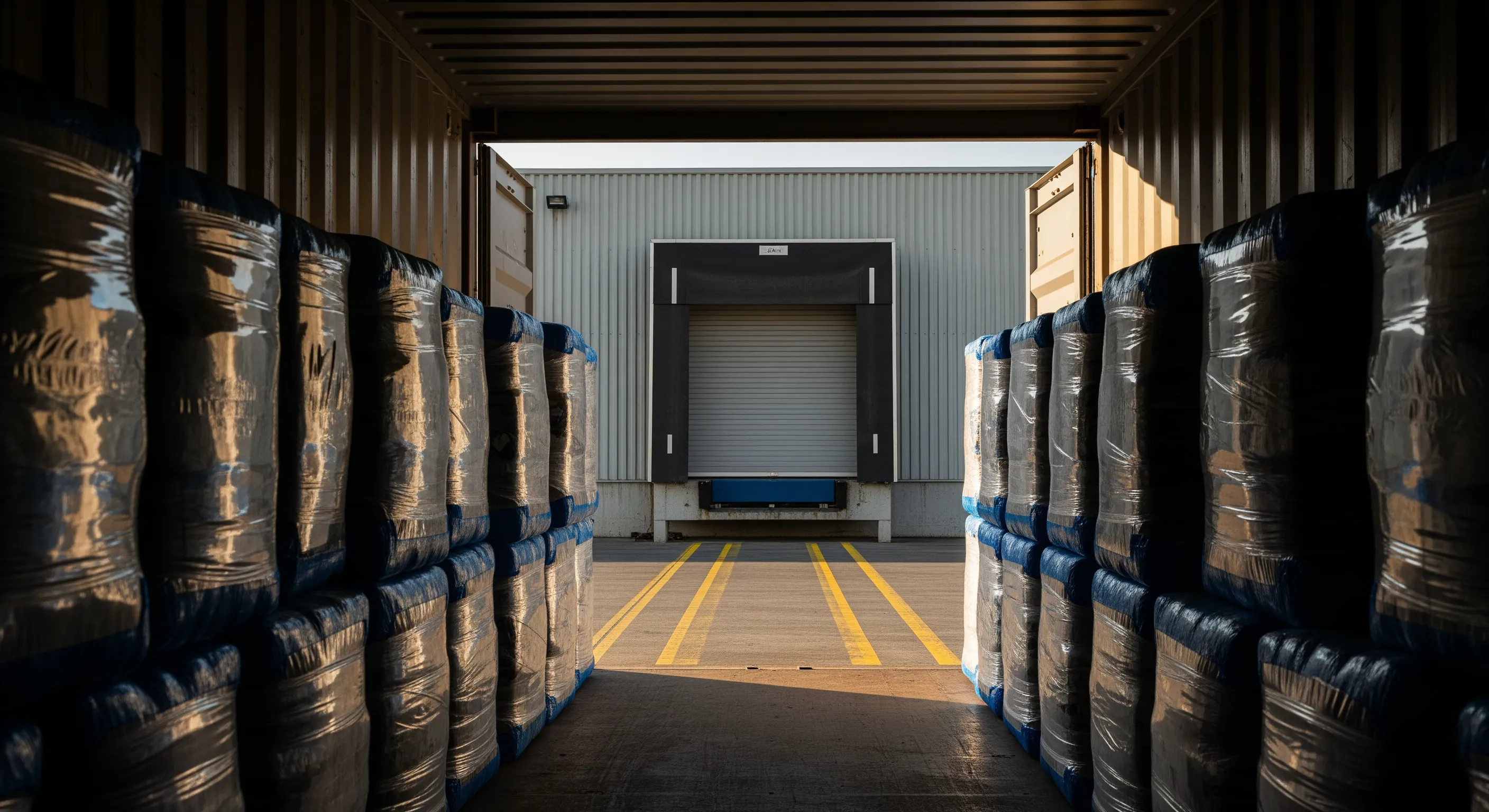 Low angle telephoto perspective from inside a shipping container showing wrapped bales staged for export at a dock shelter in late afternoon light