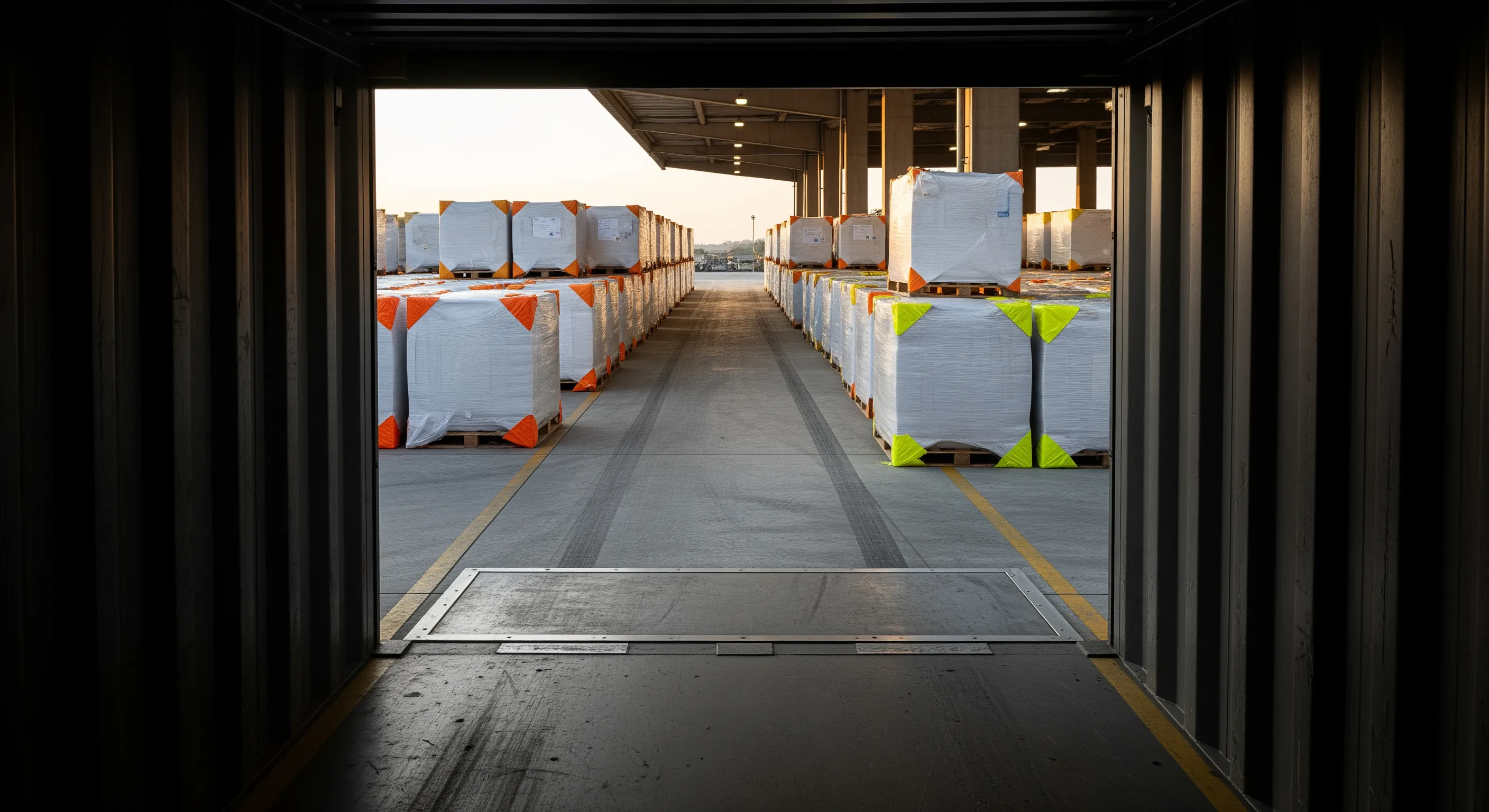 Inside shipping container looking out to loading dock with aligned wrapped textile bales and dock leveler under soft industrial lighting
