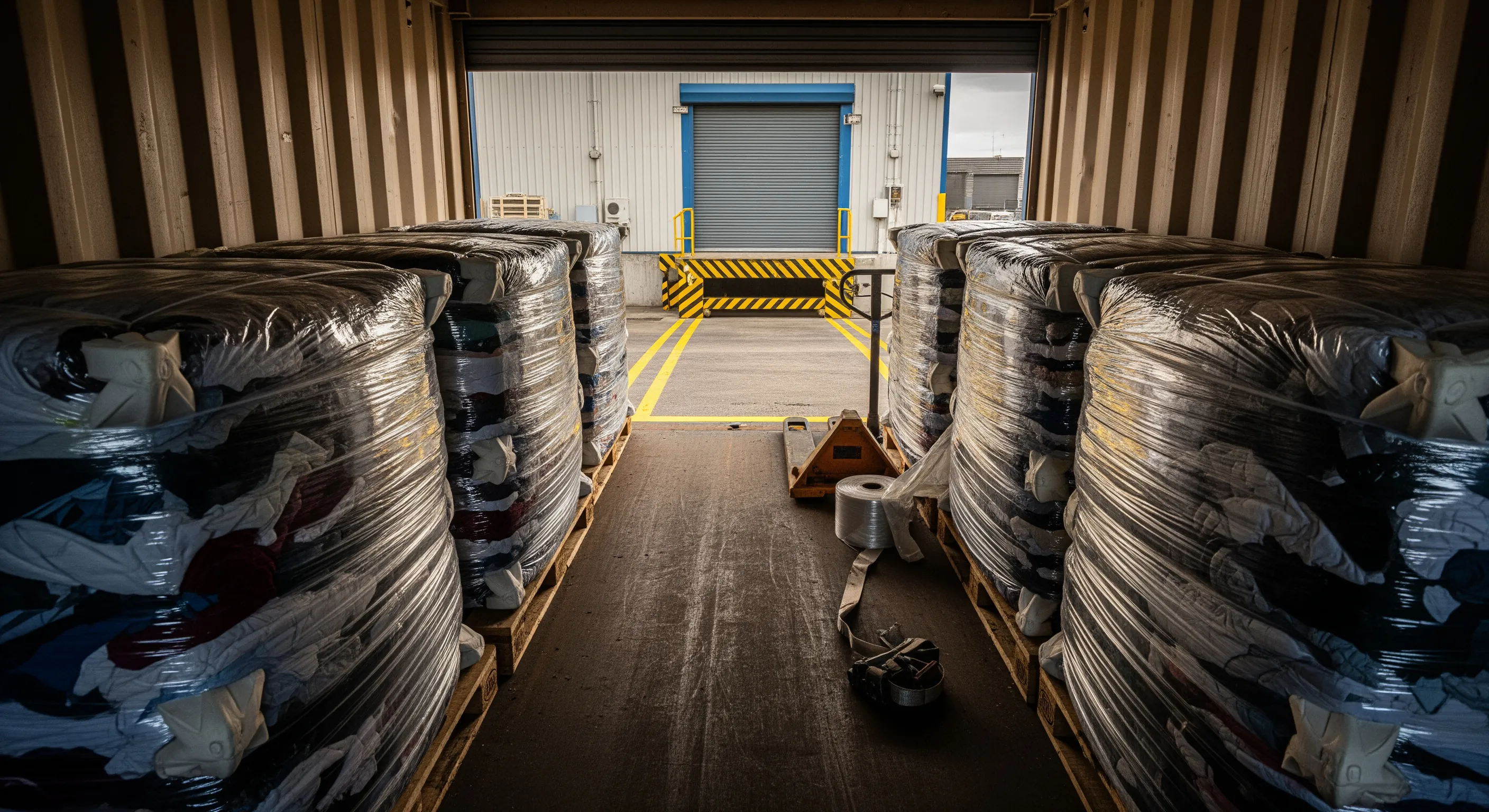 Low-angle shot inside a shipping container looking out at palletized wrapped bales and dock leveler, showing export-ready bulk summer stock.