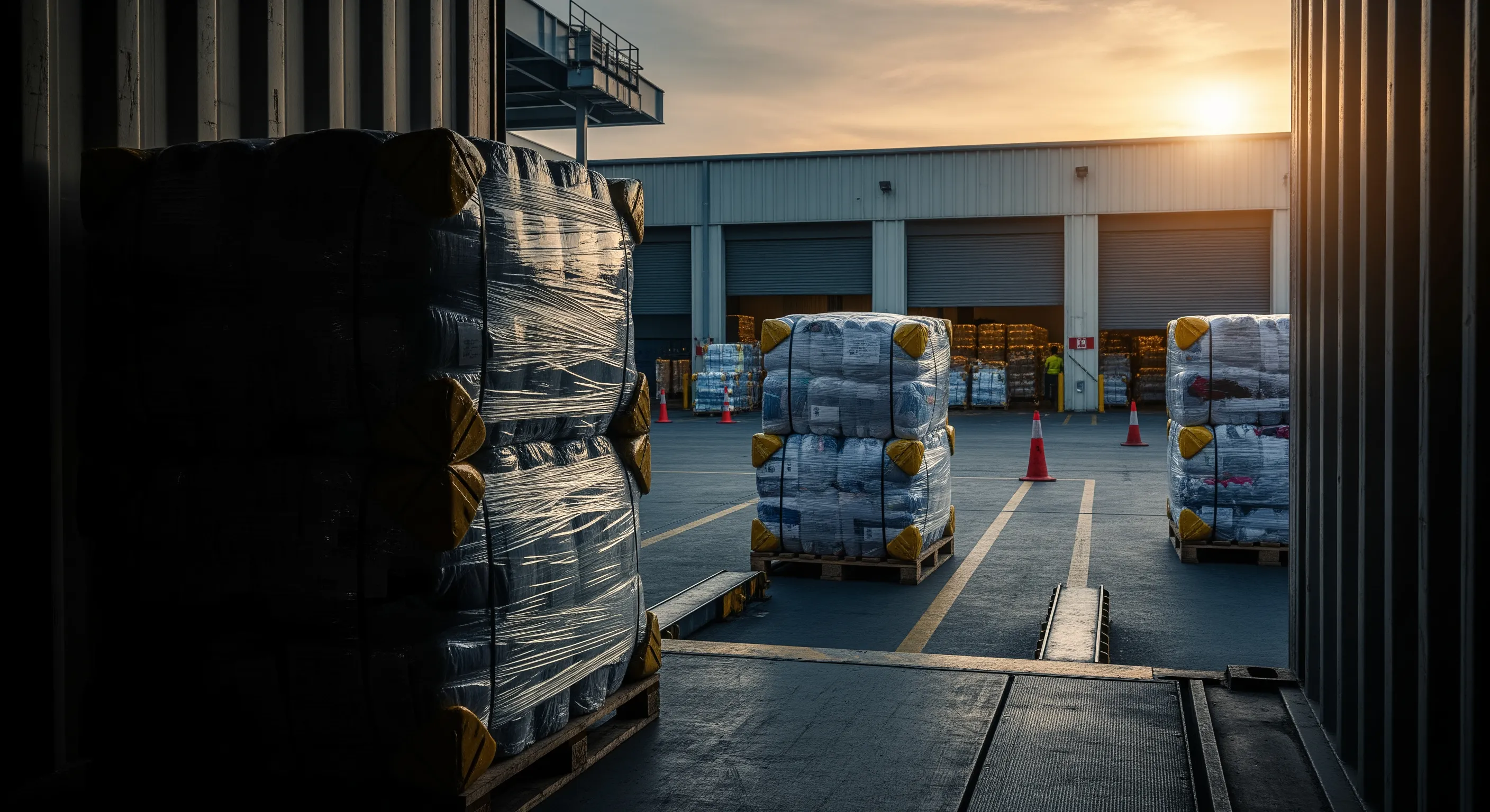 Interior view from shipping container looking out to dock with wrapped clothing bales and dock leveler at dusk